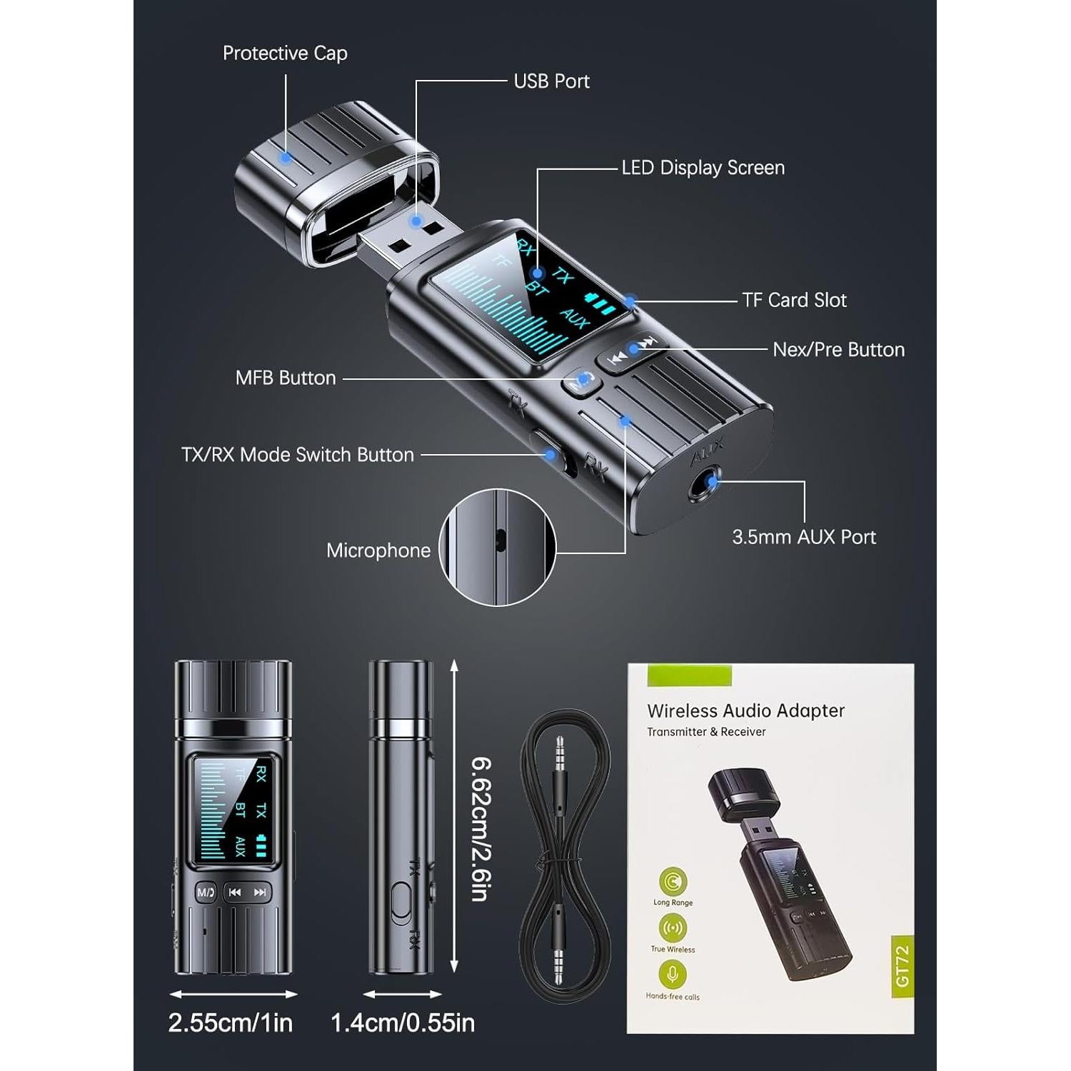Transmisor Receptor Bluetooth 5.4 Bysimilai 2 en 1 AUX USB