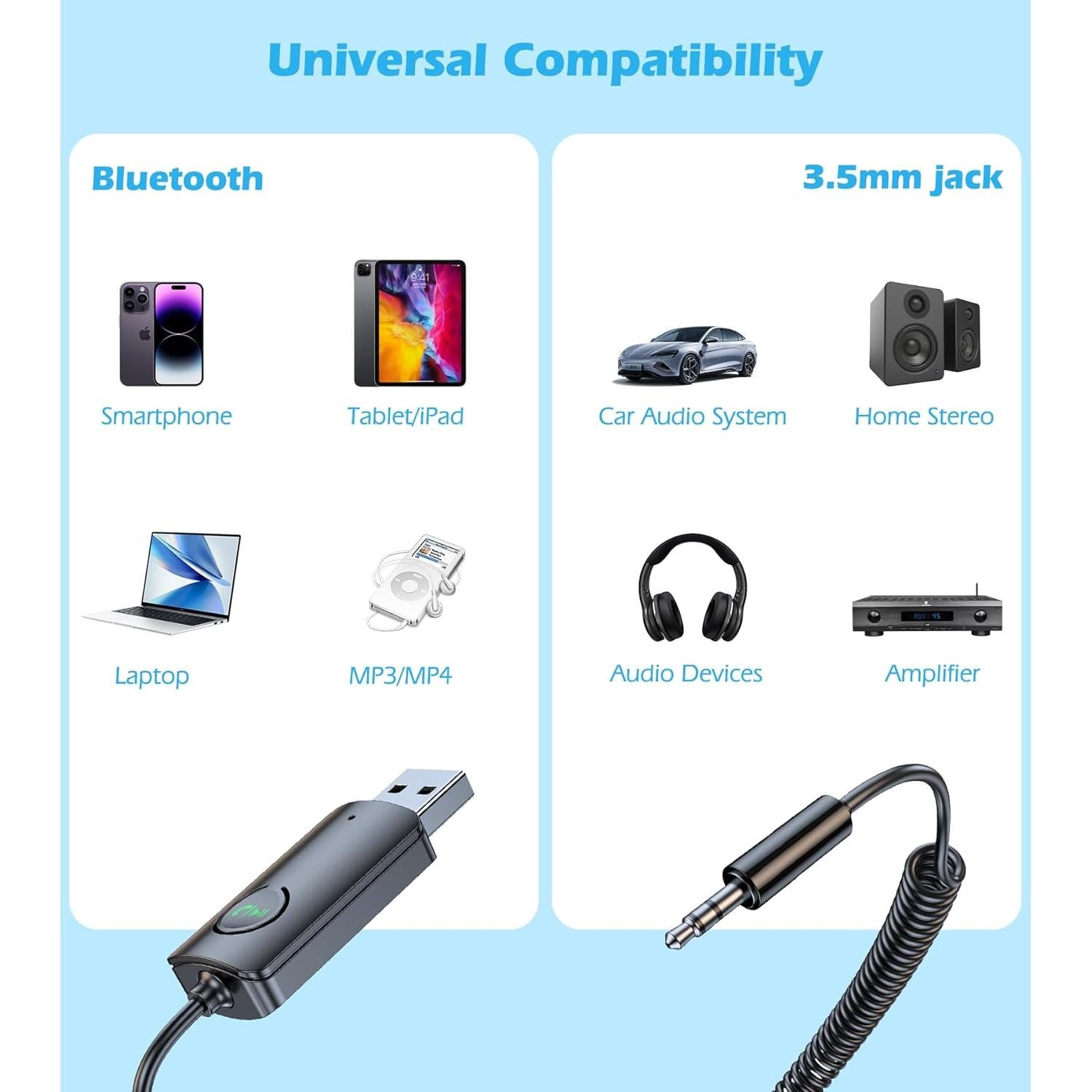 Receptor Bluetooth KAIY X5 para Coche AUX 3.5mm USB 5.3