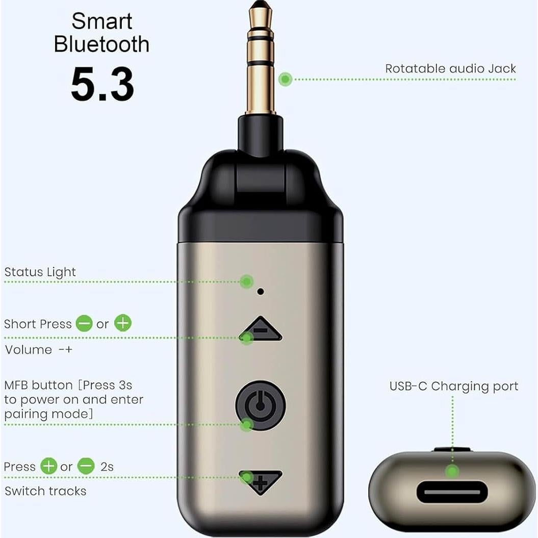 Air88 Bluetooth 5.4 Aux Adapter, 180° Swivel 3.5mm Jack, for Car Home Stereo, Handsfree Calls, 12 Hours Battery, HD Sound, Metal Case