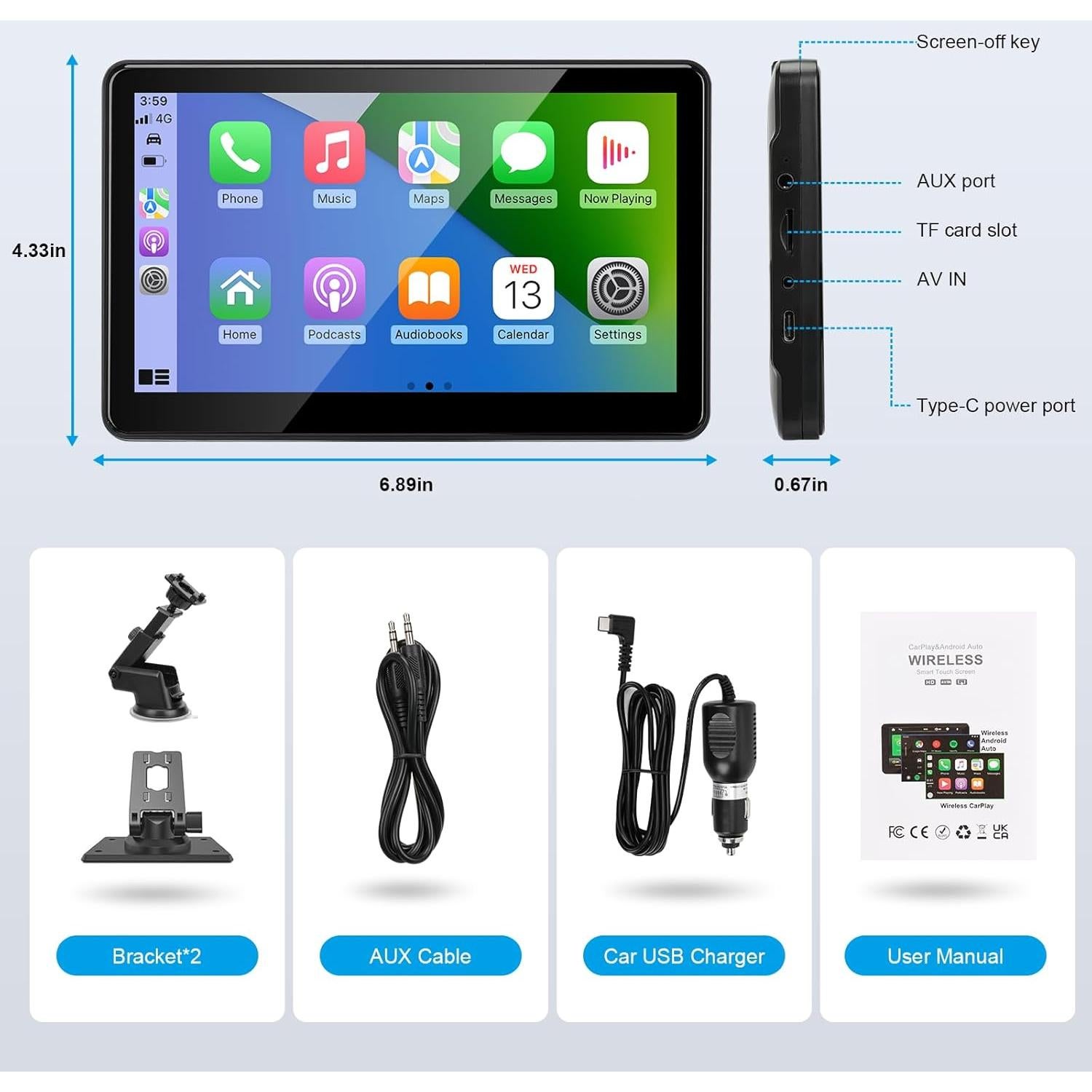 Pantalla Portátil Inalámbrica CarPlay 7" HD para Auto