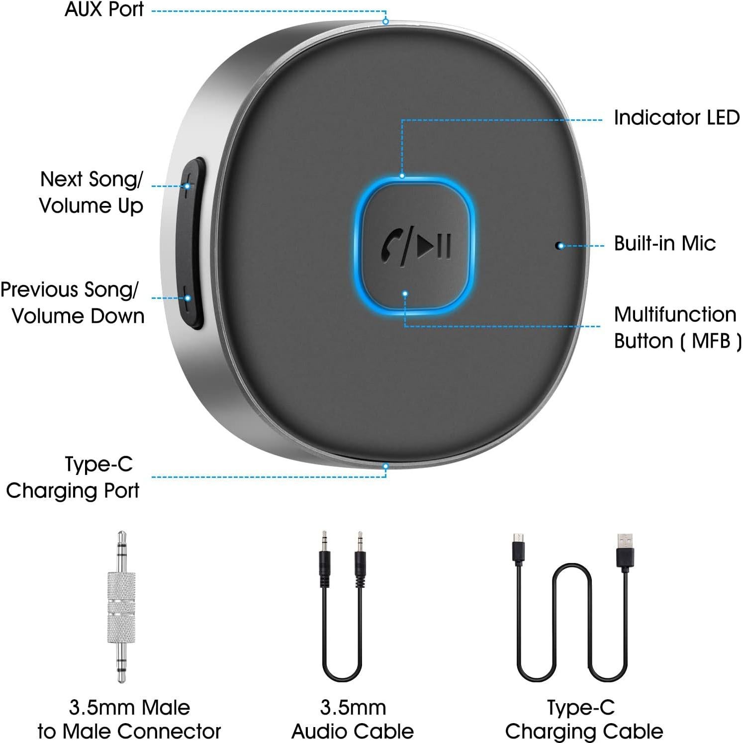 Receptor Bluetooth 5.0 LAICOMEIN J33 3.5mm Aux 16h Batería
