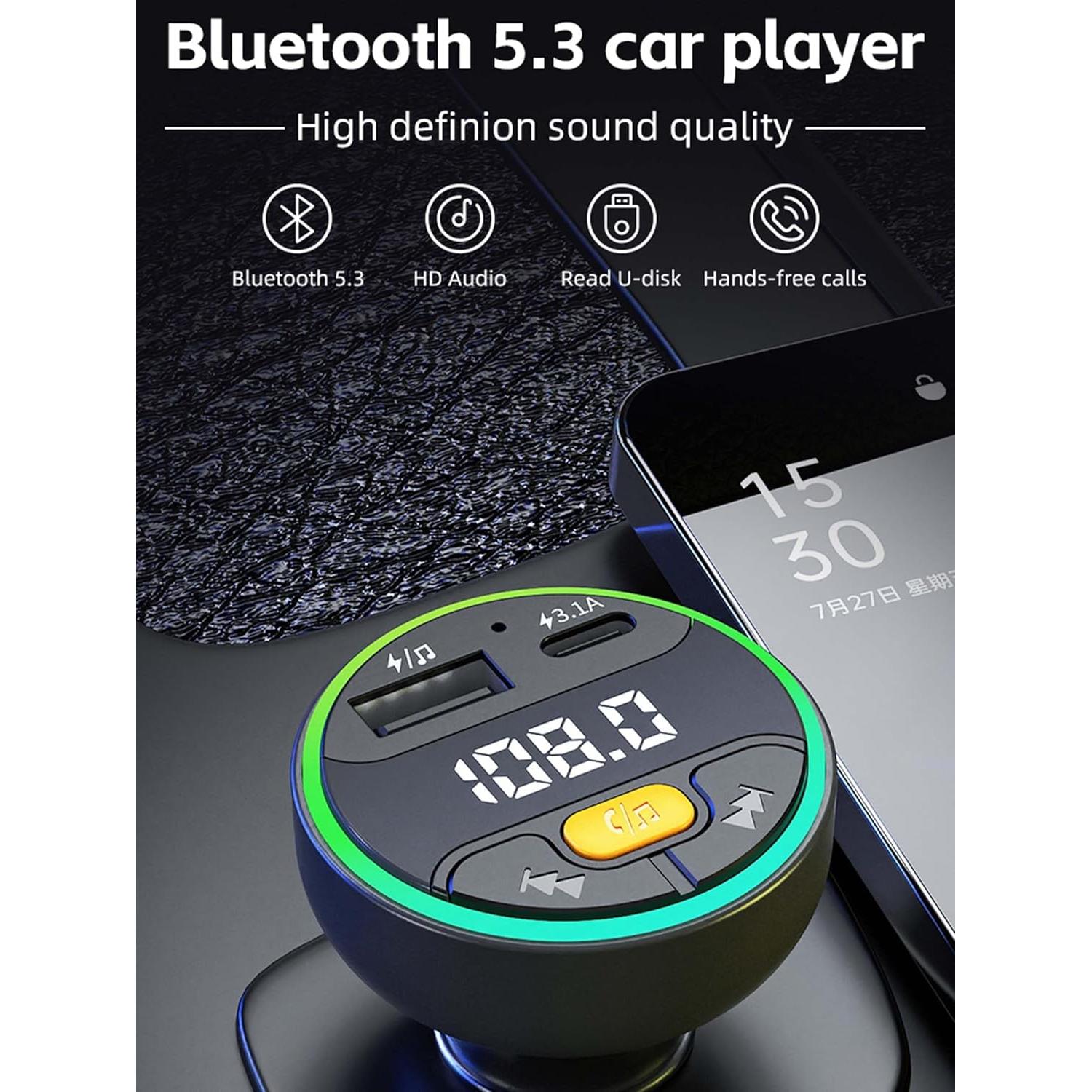 Transmisor FM Bluetooth 5.3 ACECAR con carga rápida y luz LED