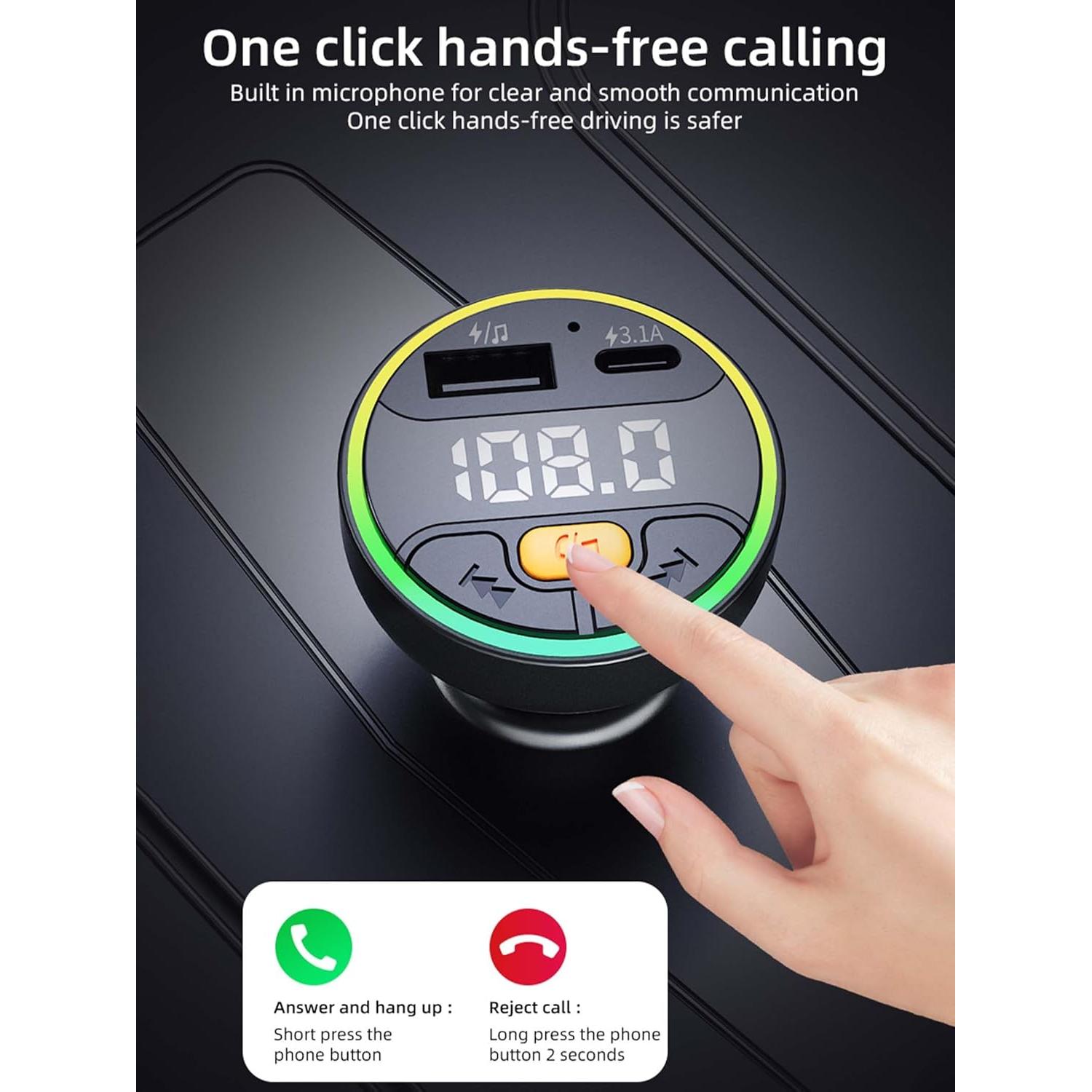 Transmisor FM Bluetooth 5.3 ACECAR con carga rápida y luz LED