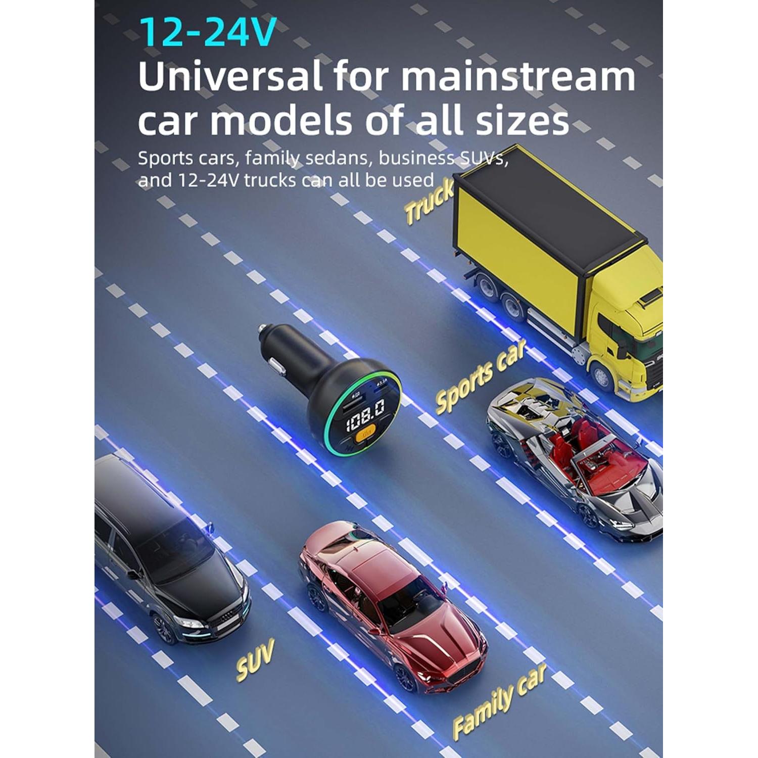 Transmisor FM Bluetooth 5.3 ACECAR con carga rápida y luz LED