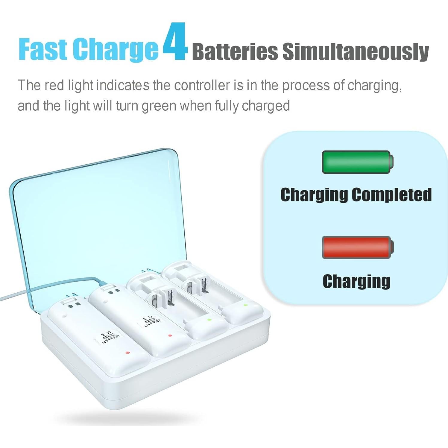 Cargador 4 en 1 NATNO para Controlador Wii y Wii U + 4 Baterías 2800mAh