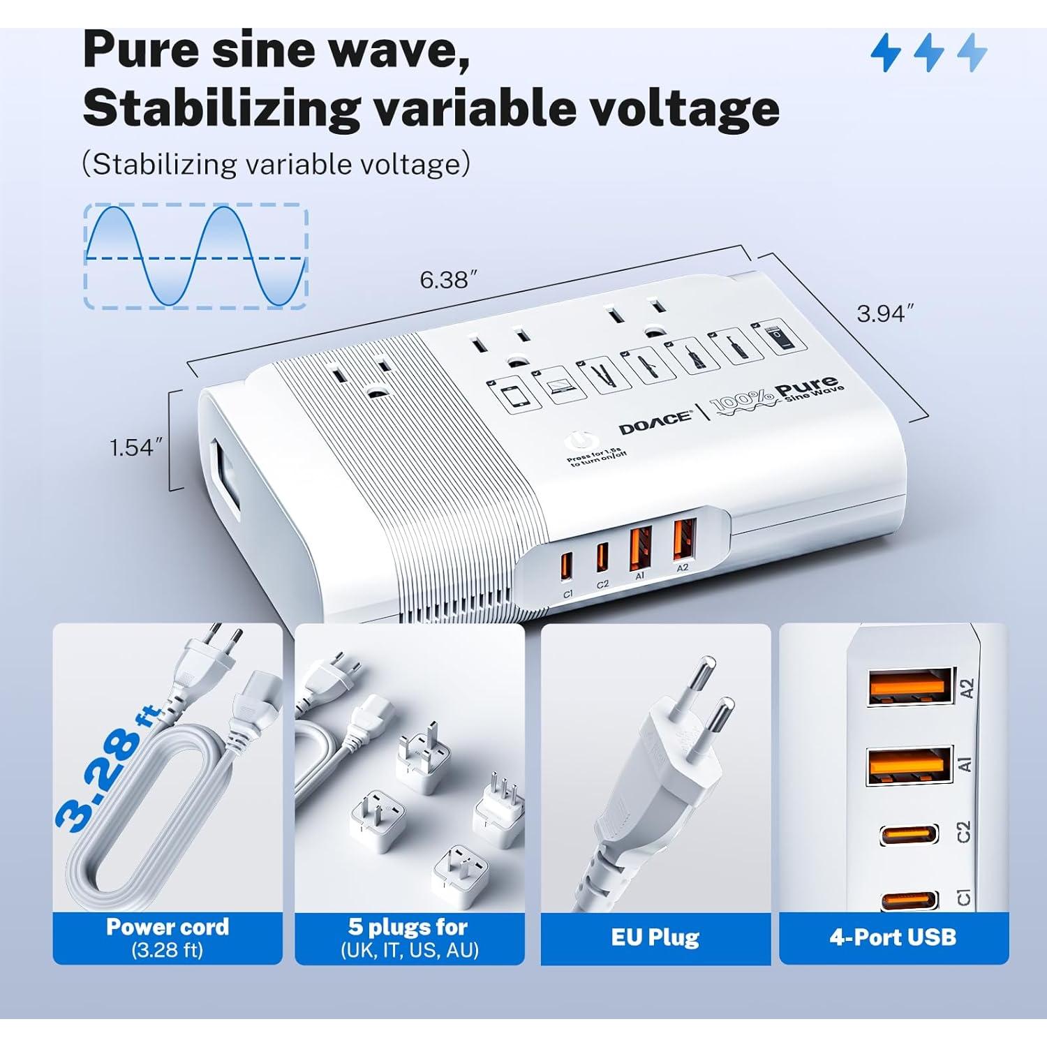 DOACE Adaptador de Viaje Universal 500W 220V a 110V Blanco