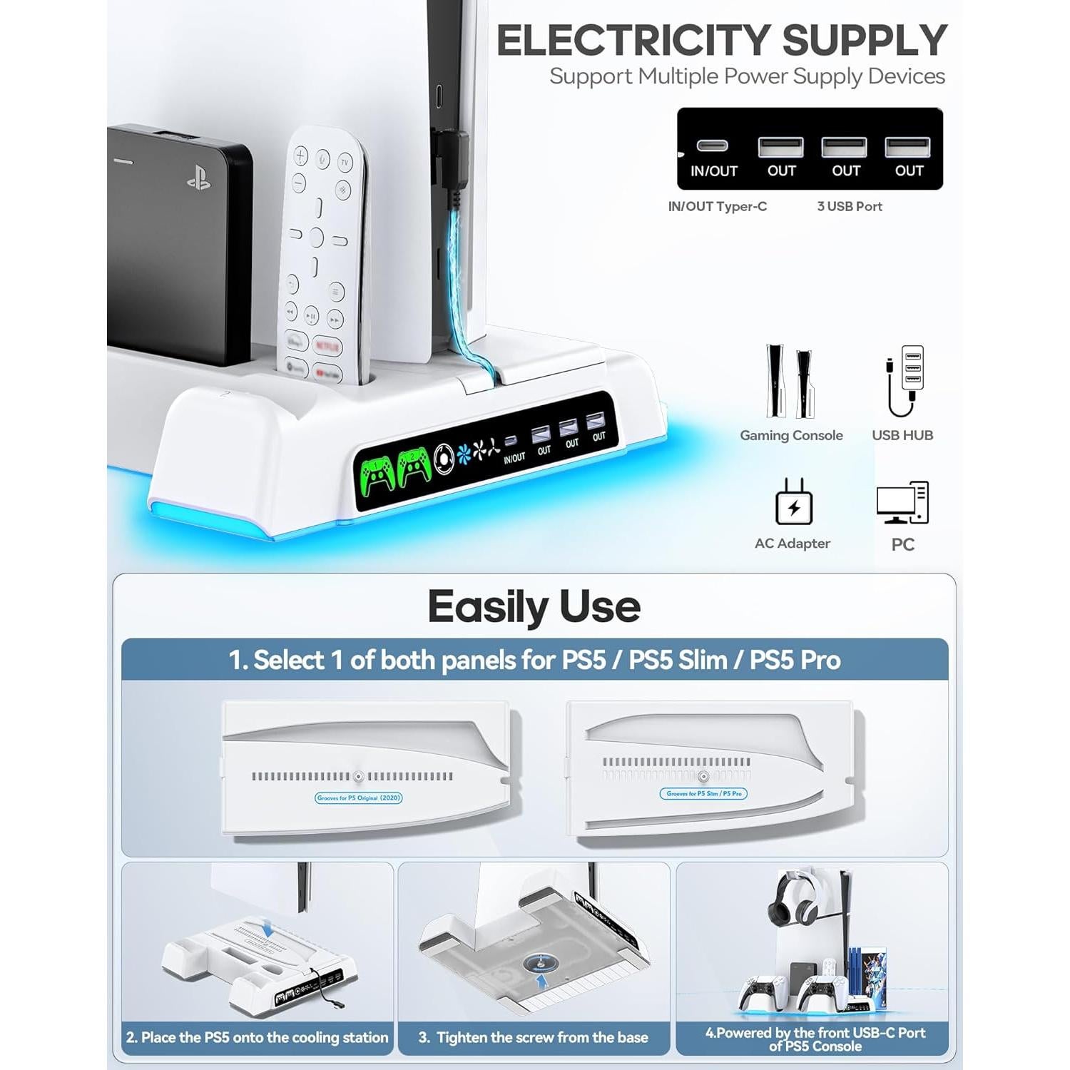 Soporte PS5 Kytok con Ventilador y Carga Doble - Blanco