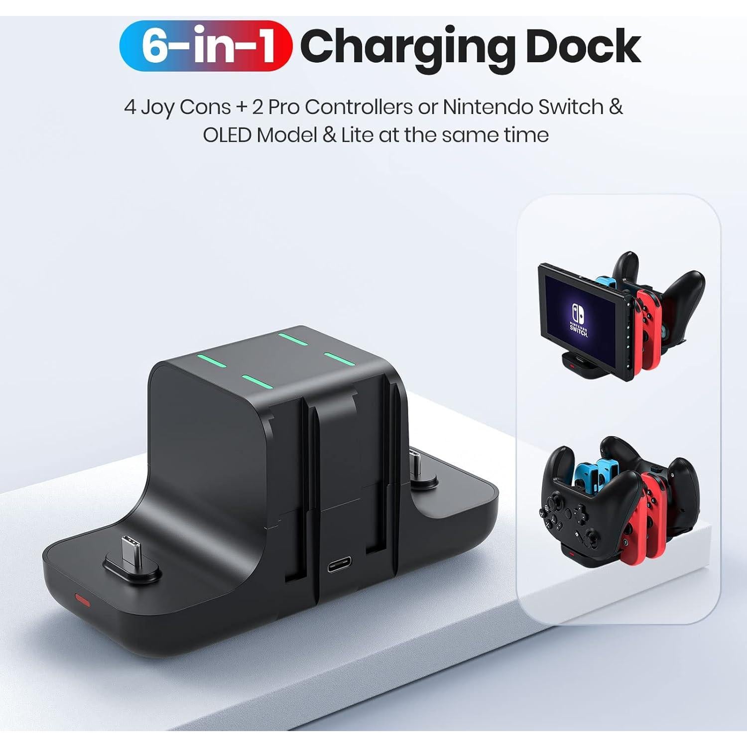 Cargador Dock NEWDERY 6-en-1 para Joy Cons y Controlador Pro