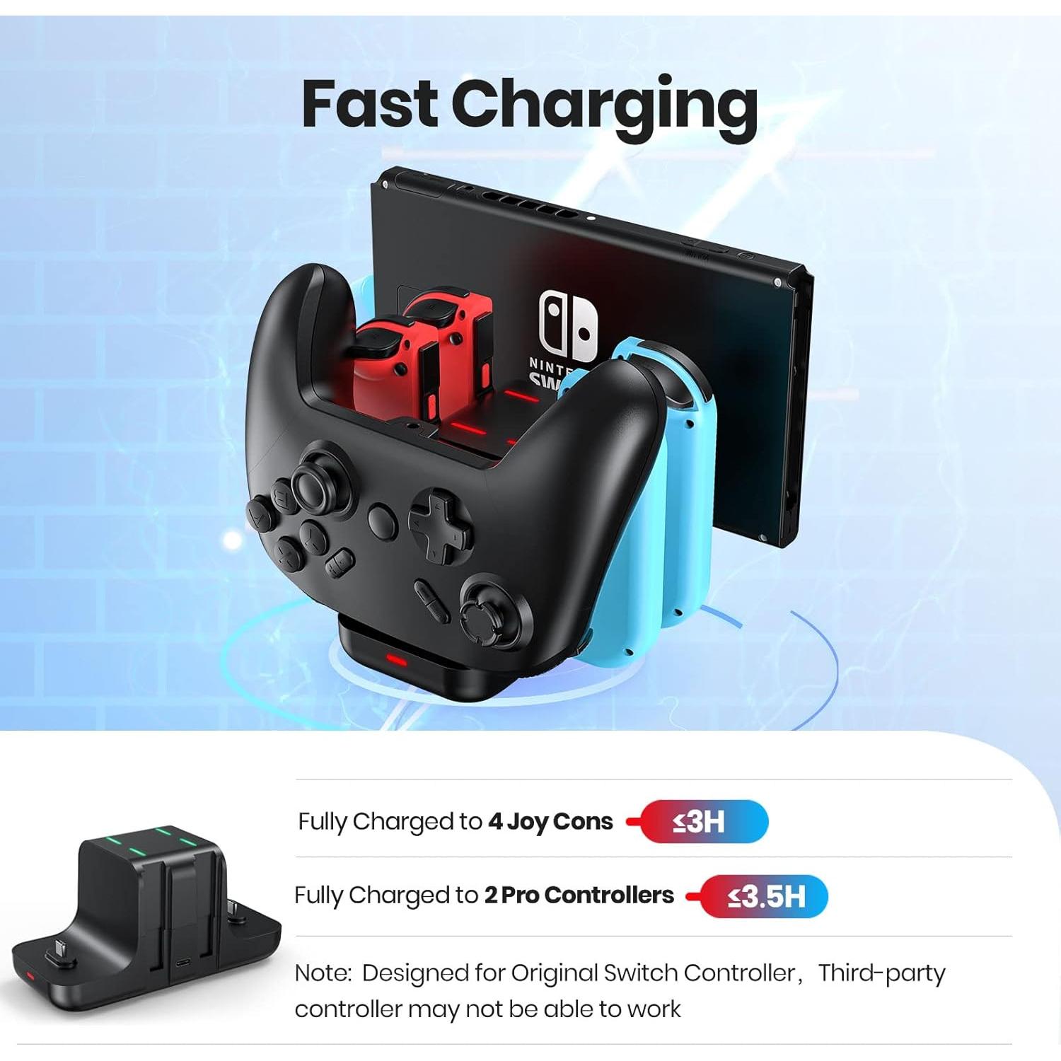 Cargador Dock NEWDERY 6-en-1 para Joy Cons y Controlador Pro