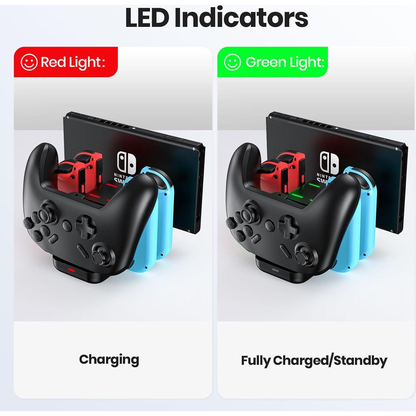 Cargador Dock NEWDERY 6-en-1 para Joy Cons y Controlador Pro