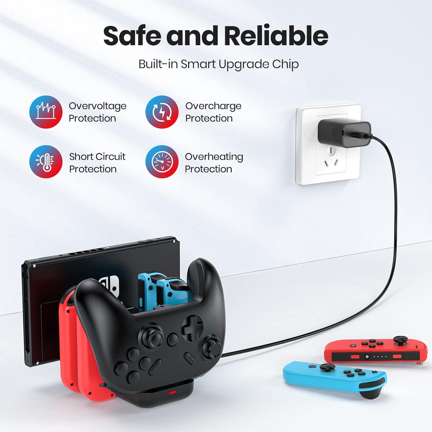 Cargador Dock NEWDERY 6-en-1 para Joy Cons y Controlador Pro