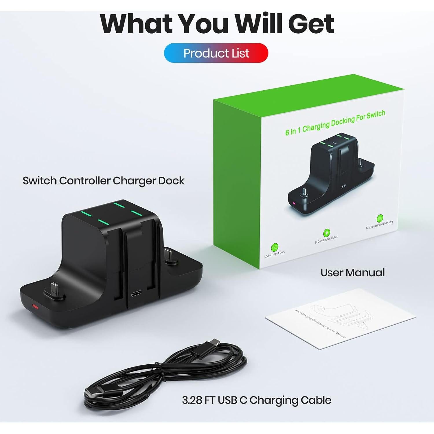 Cargador Dock NEWDERY 6-en-1 para Joy Cons y Controlador Pro