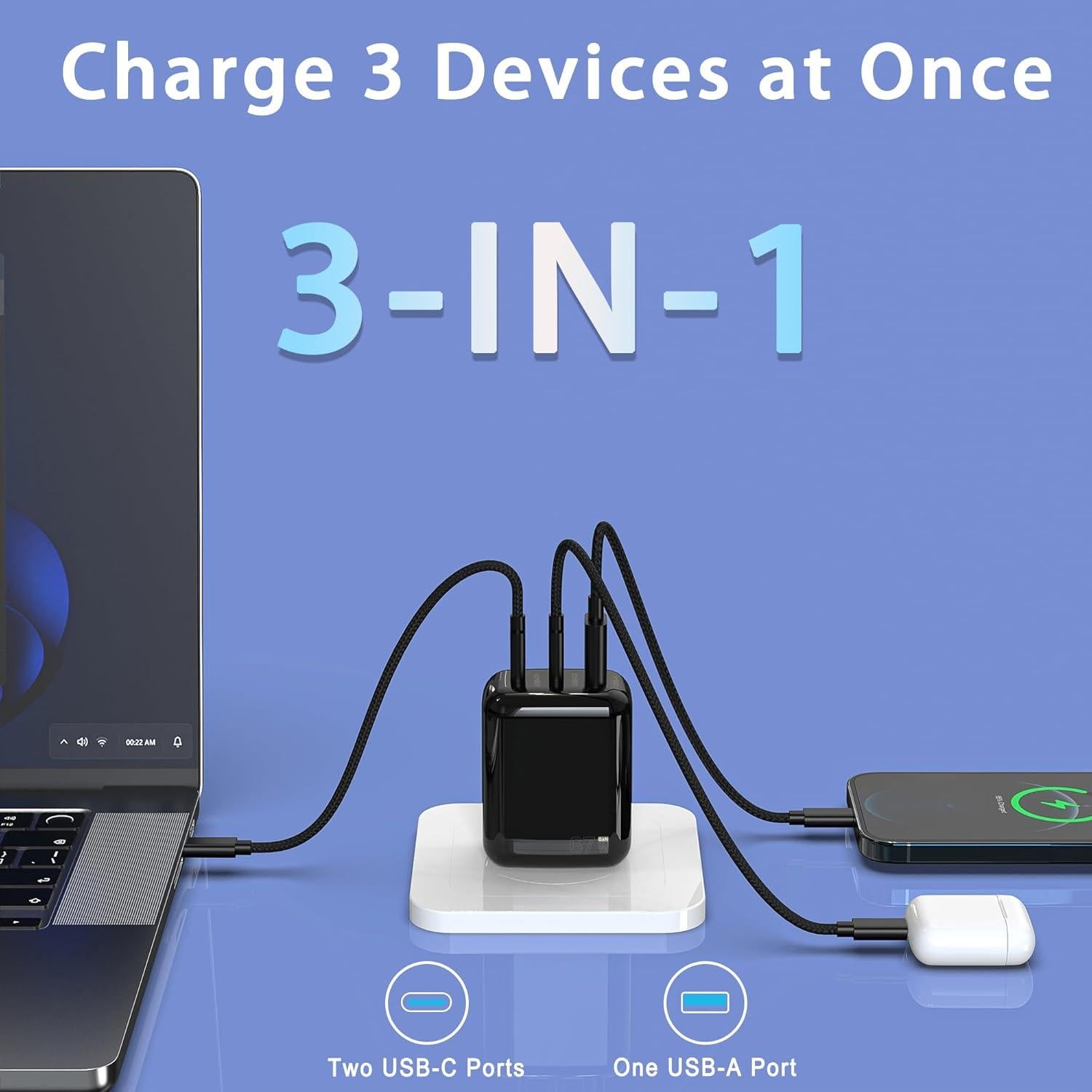 Cargador de pared USB C 67W QIOUZW, 3 puertos, GaN, Negro