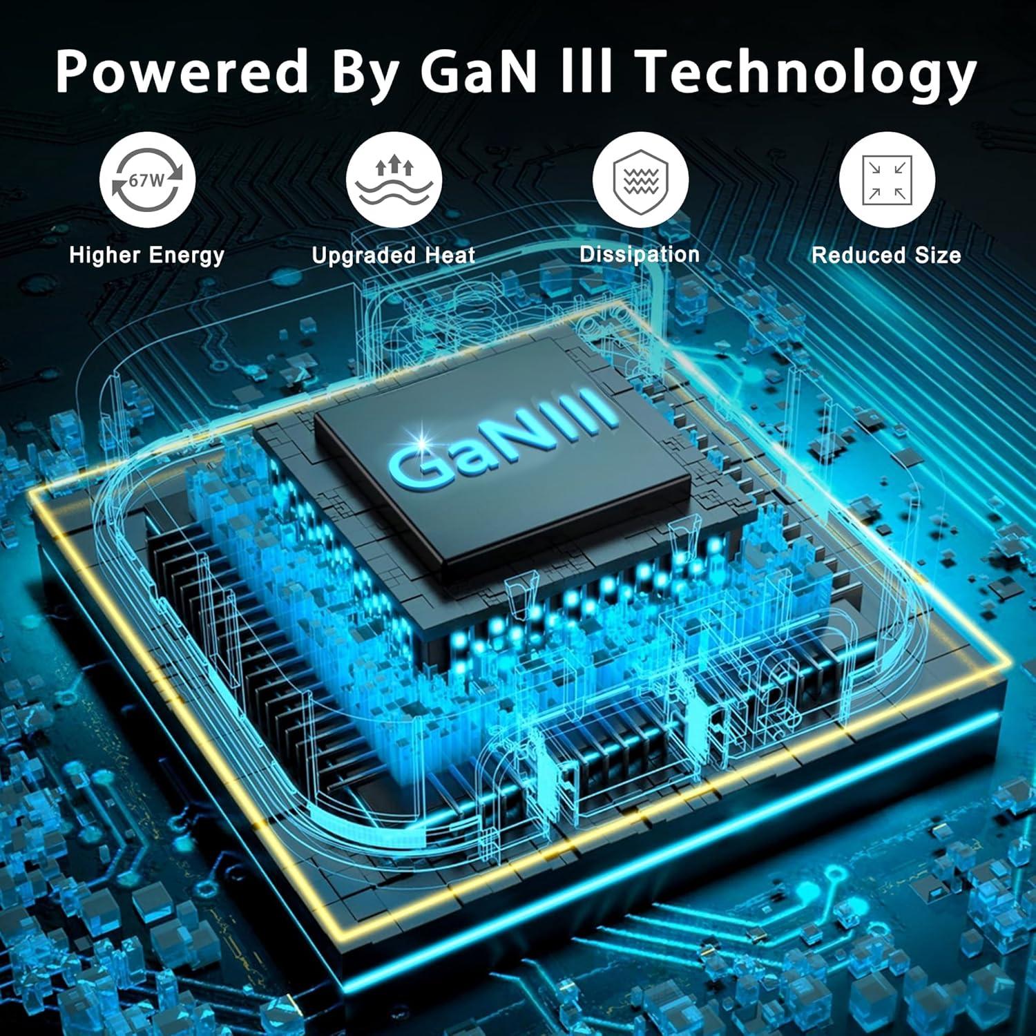 Cargador de pared USB C 67W QIOUZW, 3 puertos, GaN, Negro