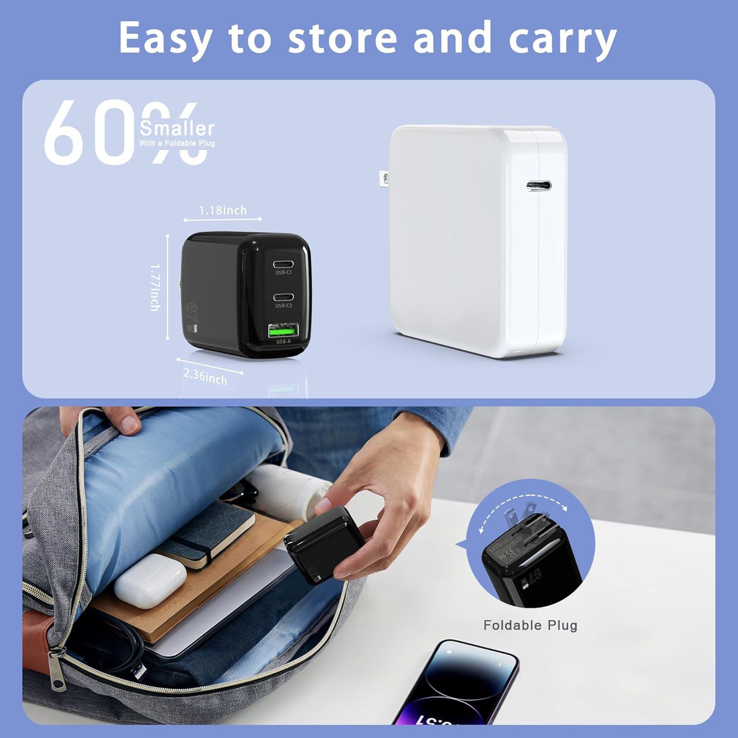 Cargador de pared USB C 67W QIOUZW, 3 puertos, GaN, Negro