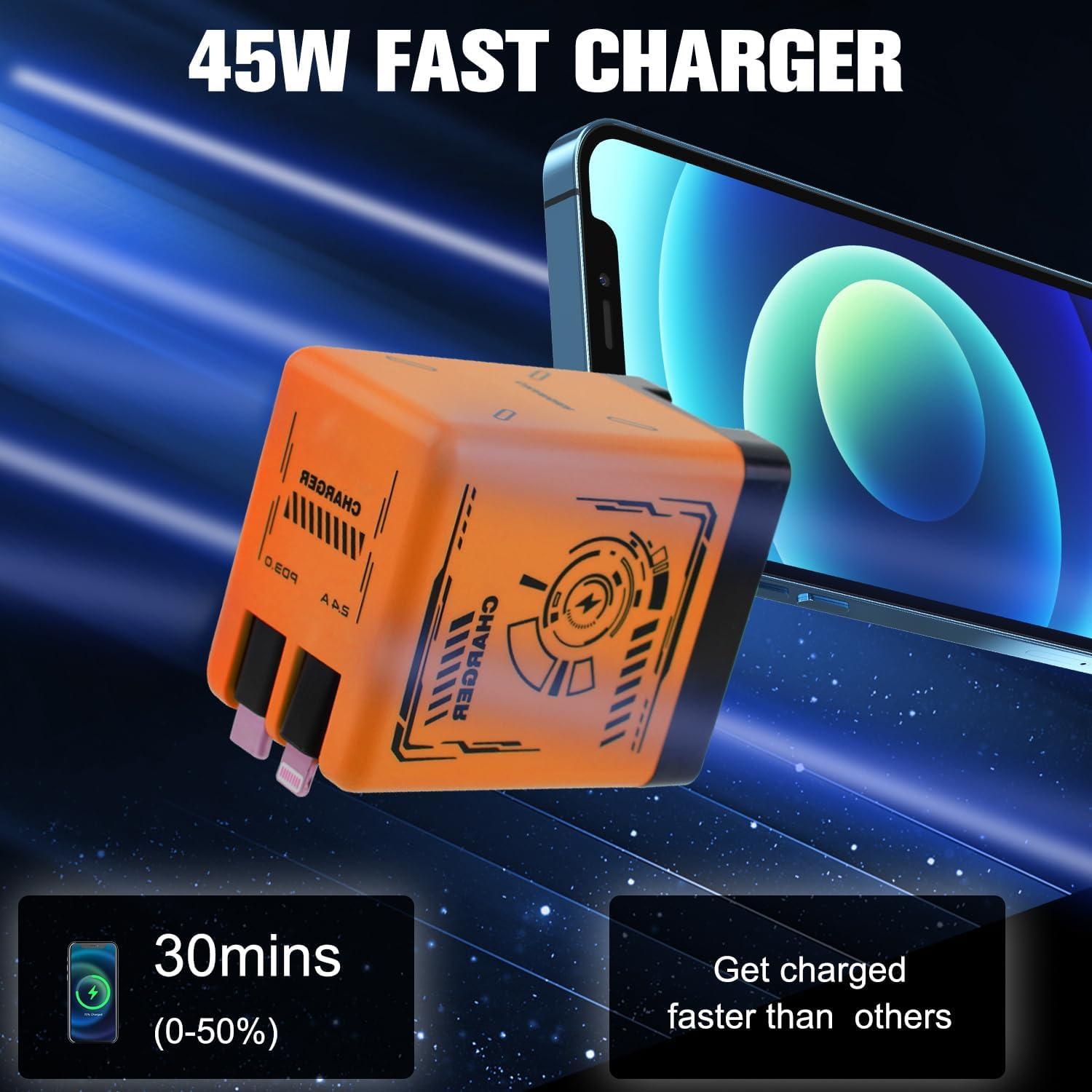 Cargador Rápido Retráctil 45W con Doble Cable - Negro