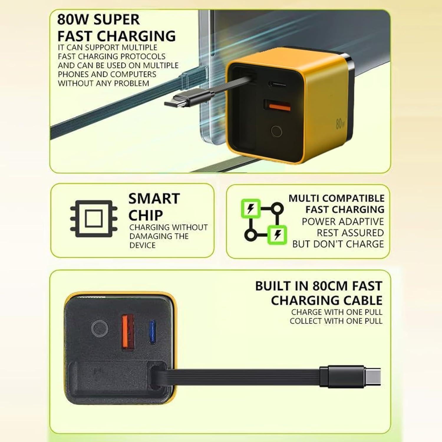 Cargador 3 en 1 GaN ALBCREHK 80W Retráctil USB-C Verde