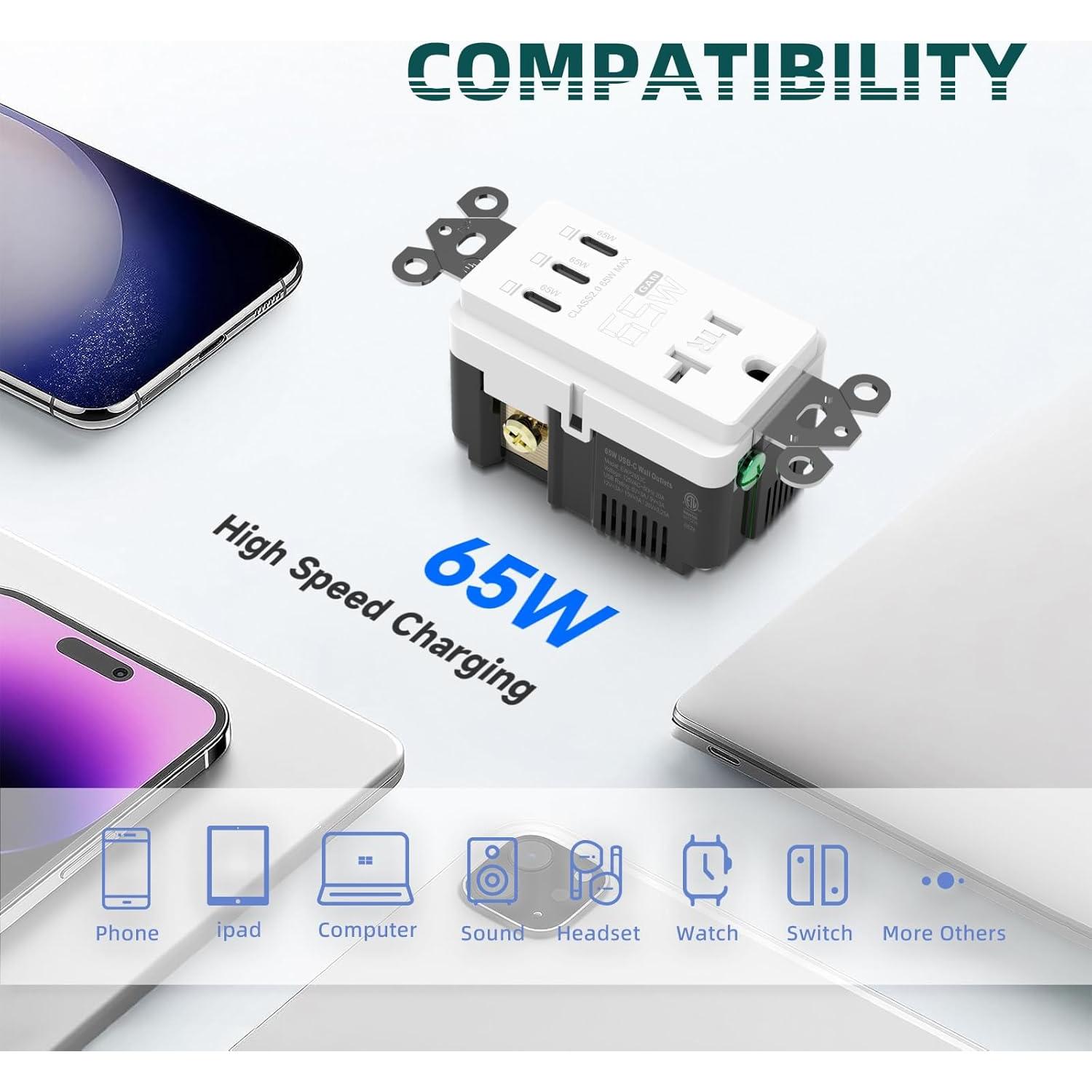 Toma de Corriente USB 65W TOPELER con 3 Puertos Tipo C Blanca