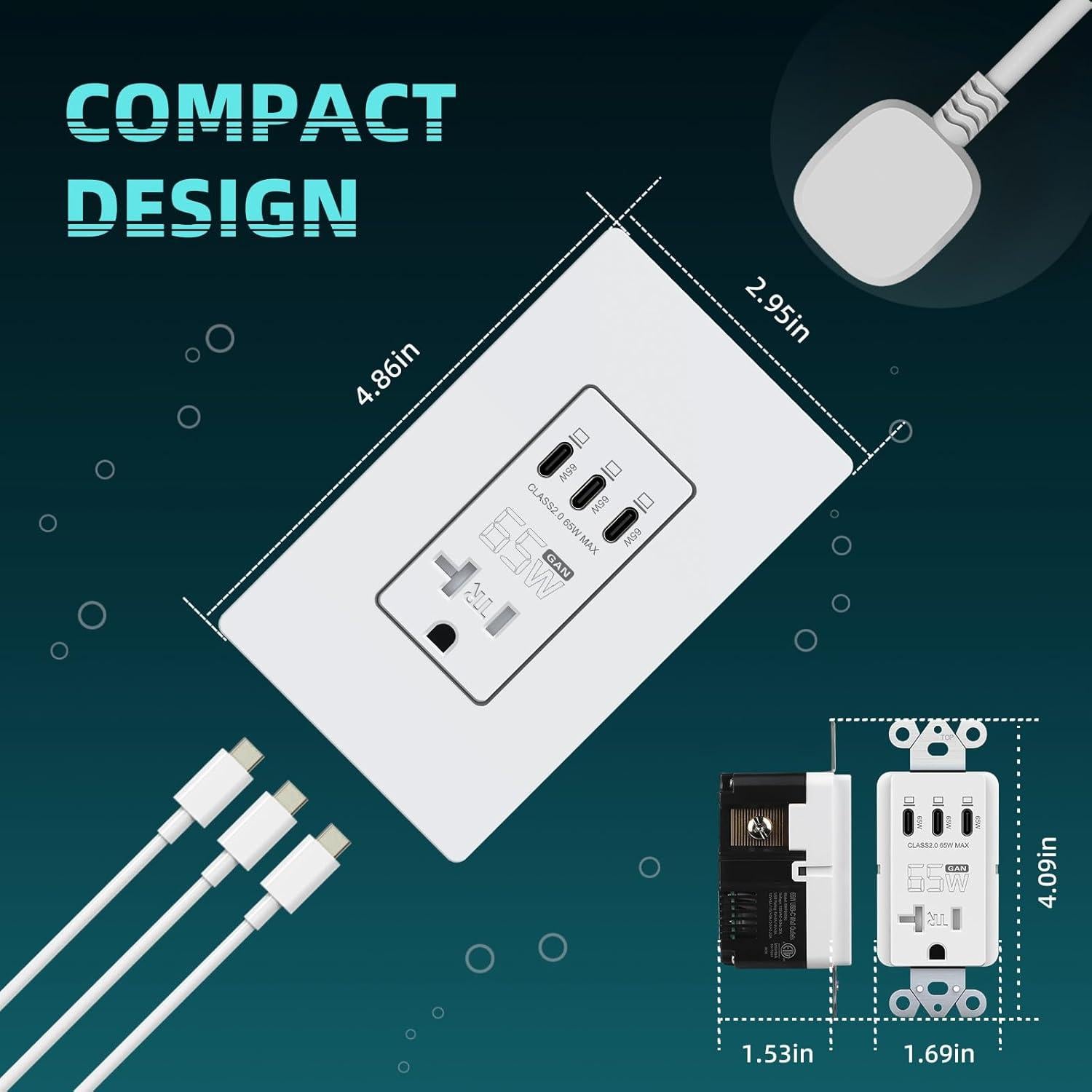 Toma de Corriente USB 65W TOPELER con 3 Puertos Tipo C Blanca