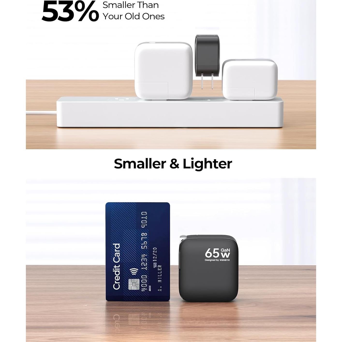 Cargador USB-C MUNBYN 65W Plegable 3 Puertos GaN Negro