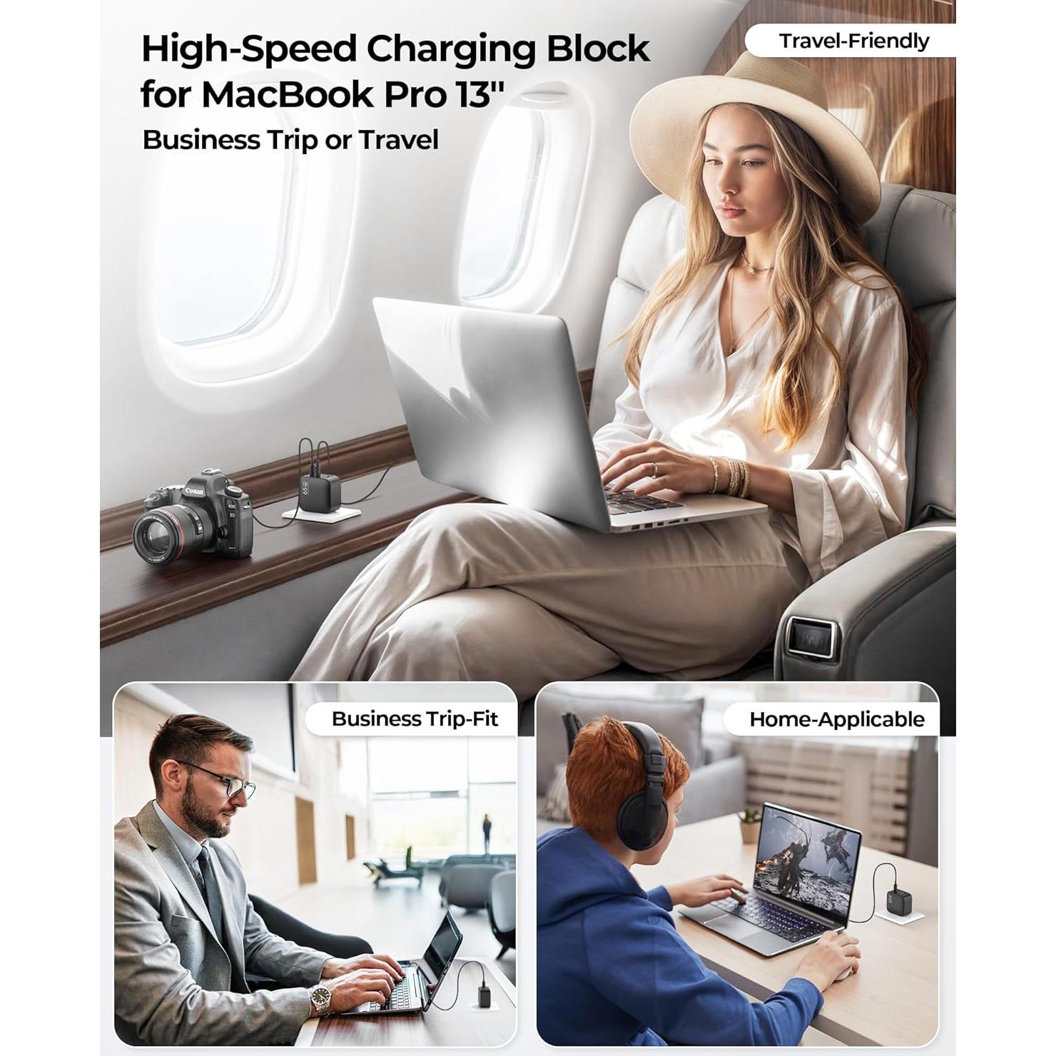 Cargador USB-C MUNBYN 65W Plegable 3 Puertos GaN Negro