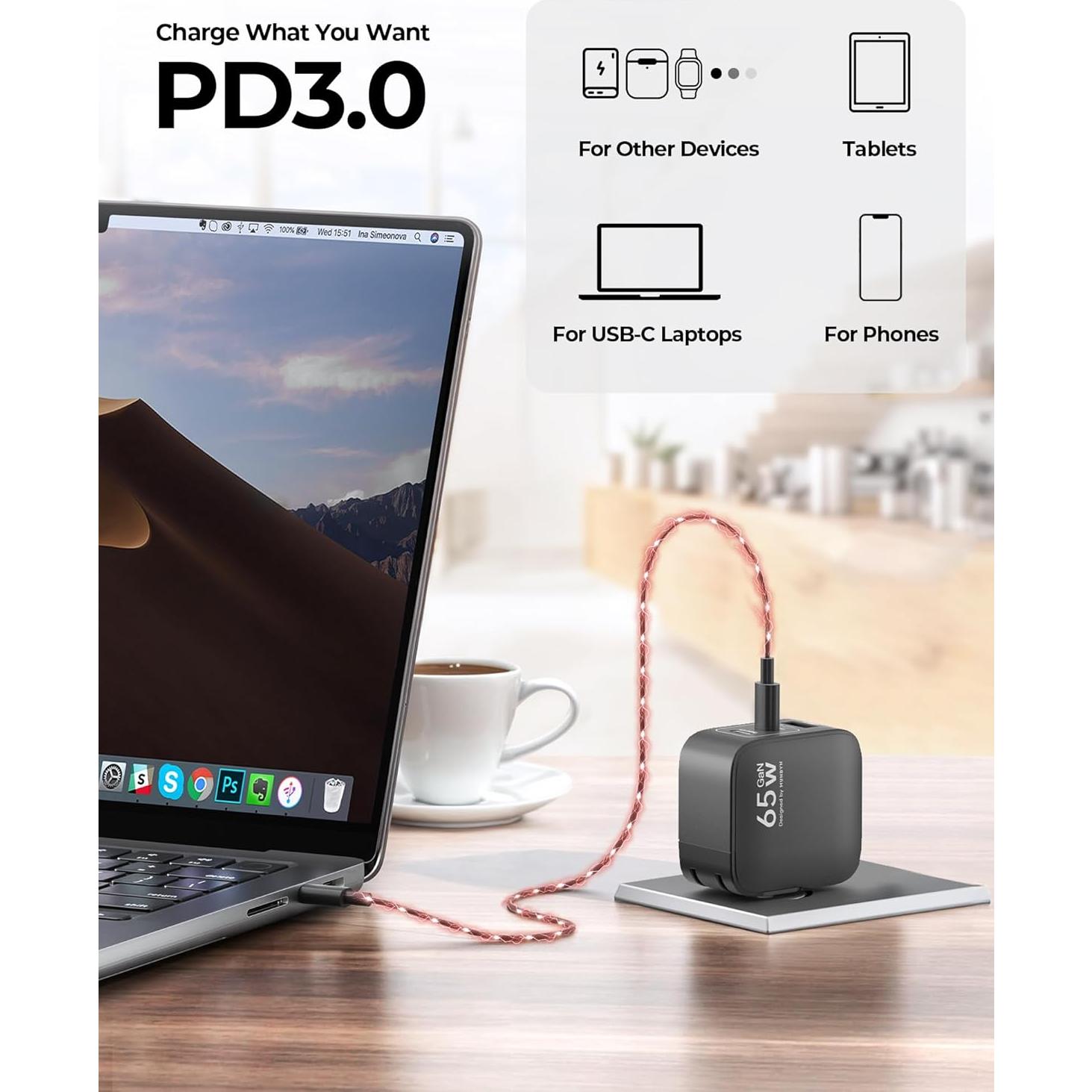 Cargador USB-C MUNBYN 65W Plegable 3 Puertos GaN Negro