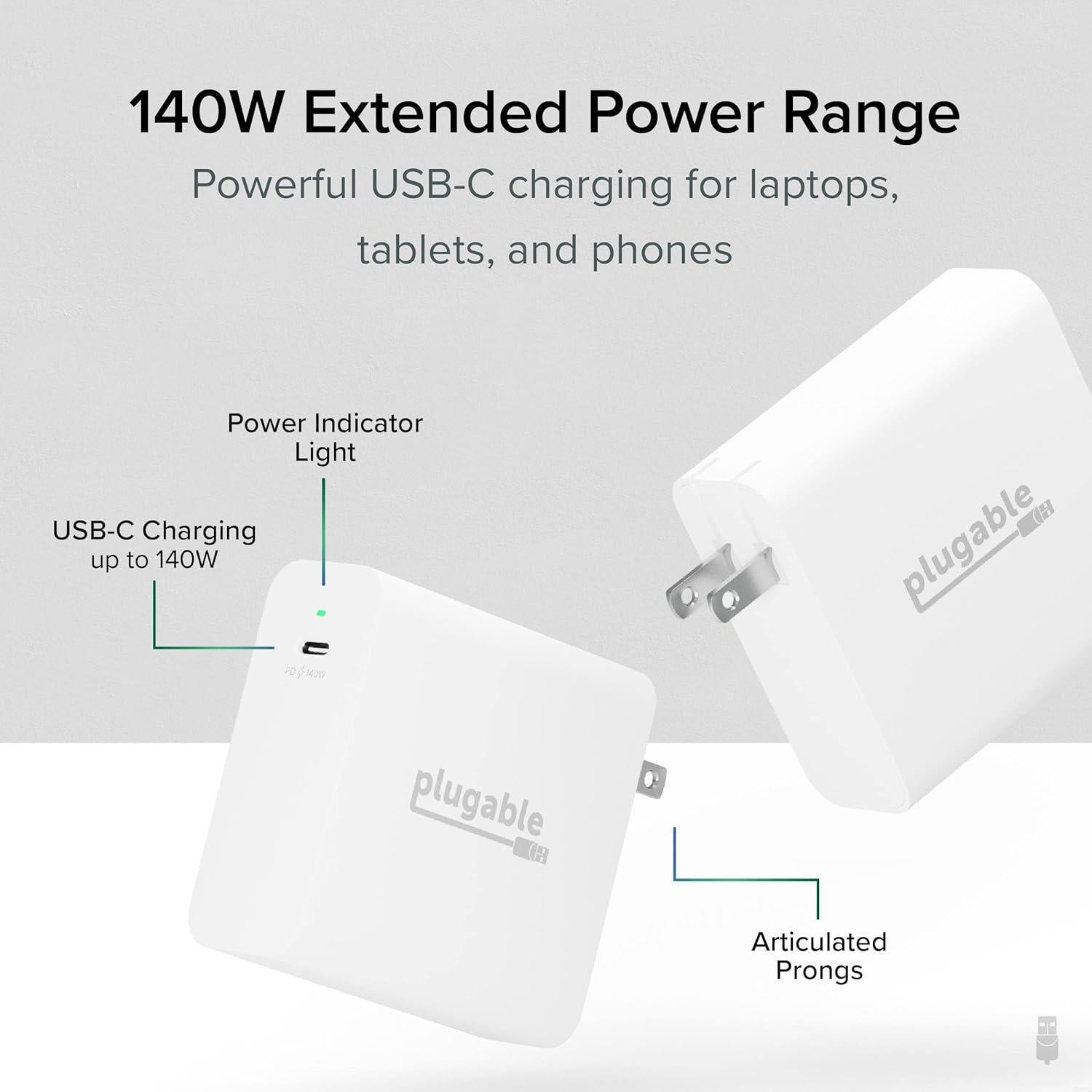 Cargador USB C Plugable 140W GaN para Laptop y Dispositivos