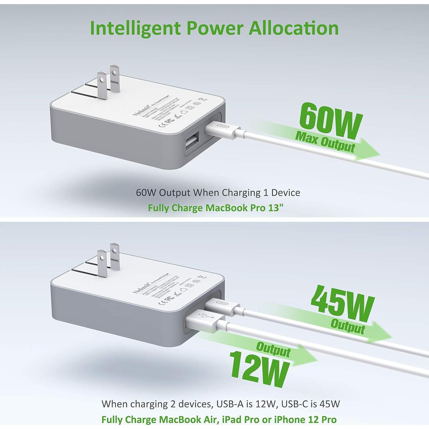 Cargador USB C Nekmit 60W Plegable Doble Puerto PD 3.0