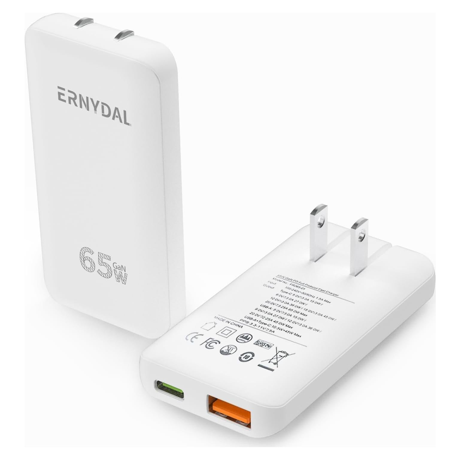 Cargador de Pared USB C 65W Ernydal Ultra Delgado Blanco