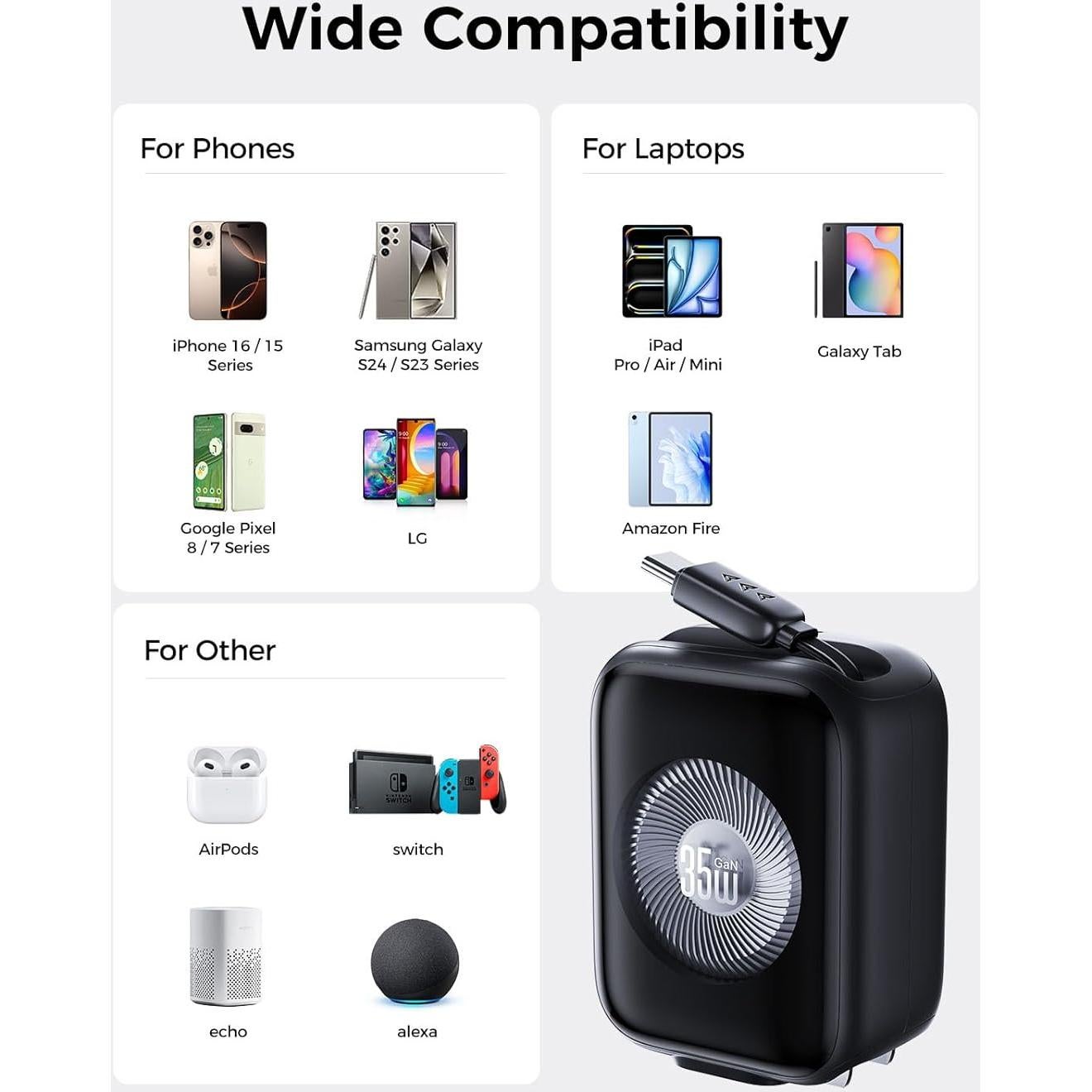 Cargador de Pared Retráctil 35W GaN3 Threekey USB-C para Viajes