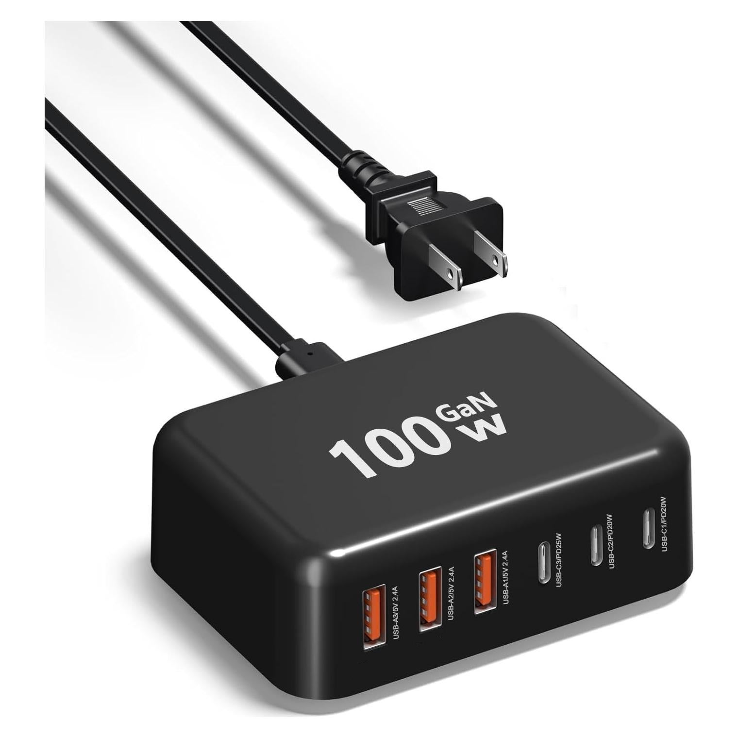 Cargador Rápido USB C 100W 6 Puertos GaN Adaptador Negro
