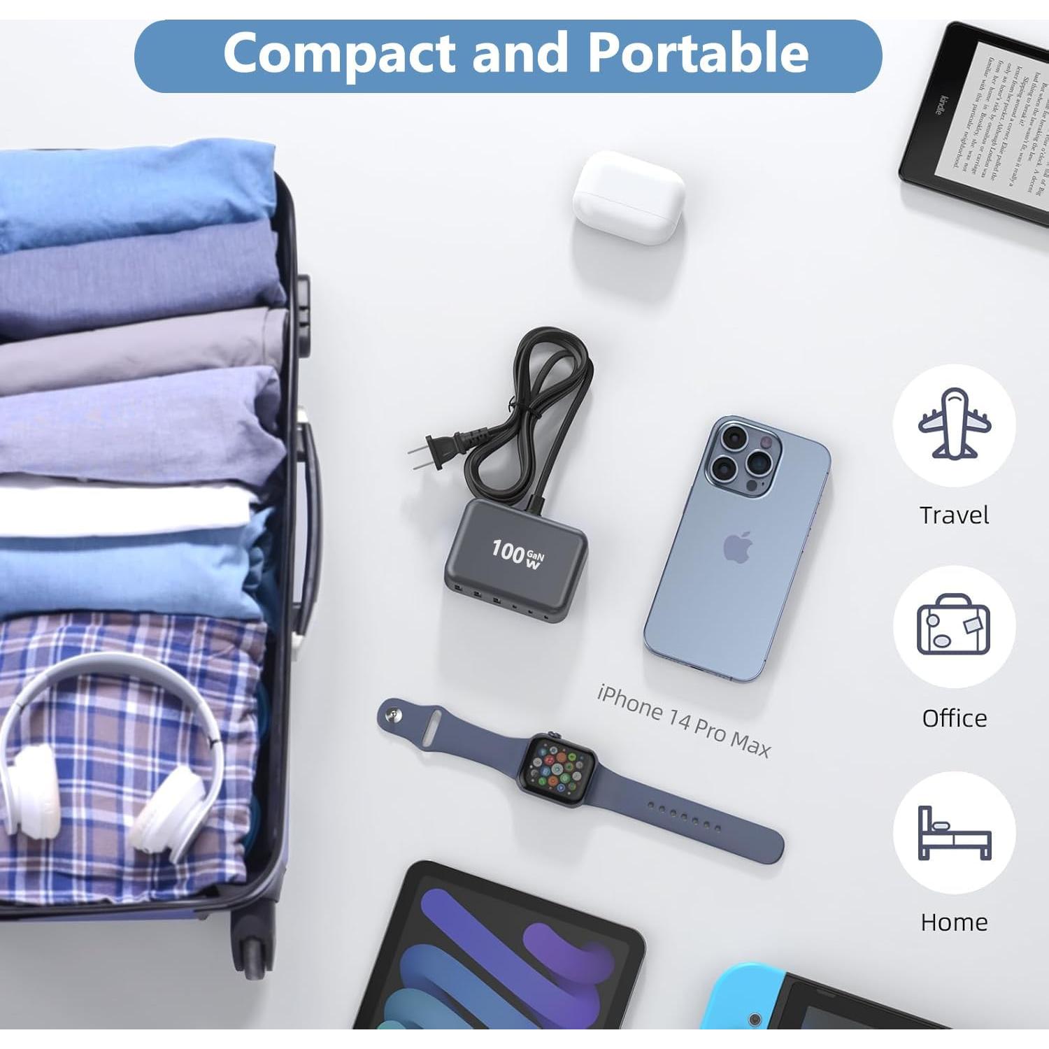 Cargador Rápido USB C 100W 6 Puertos GaN Adaptador Negro