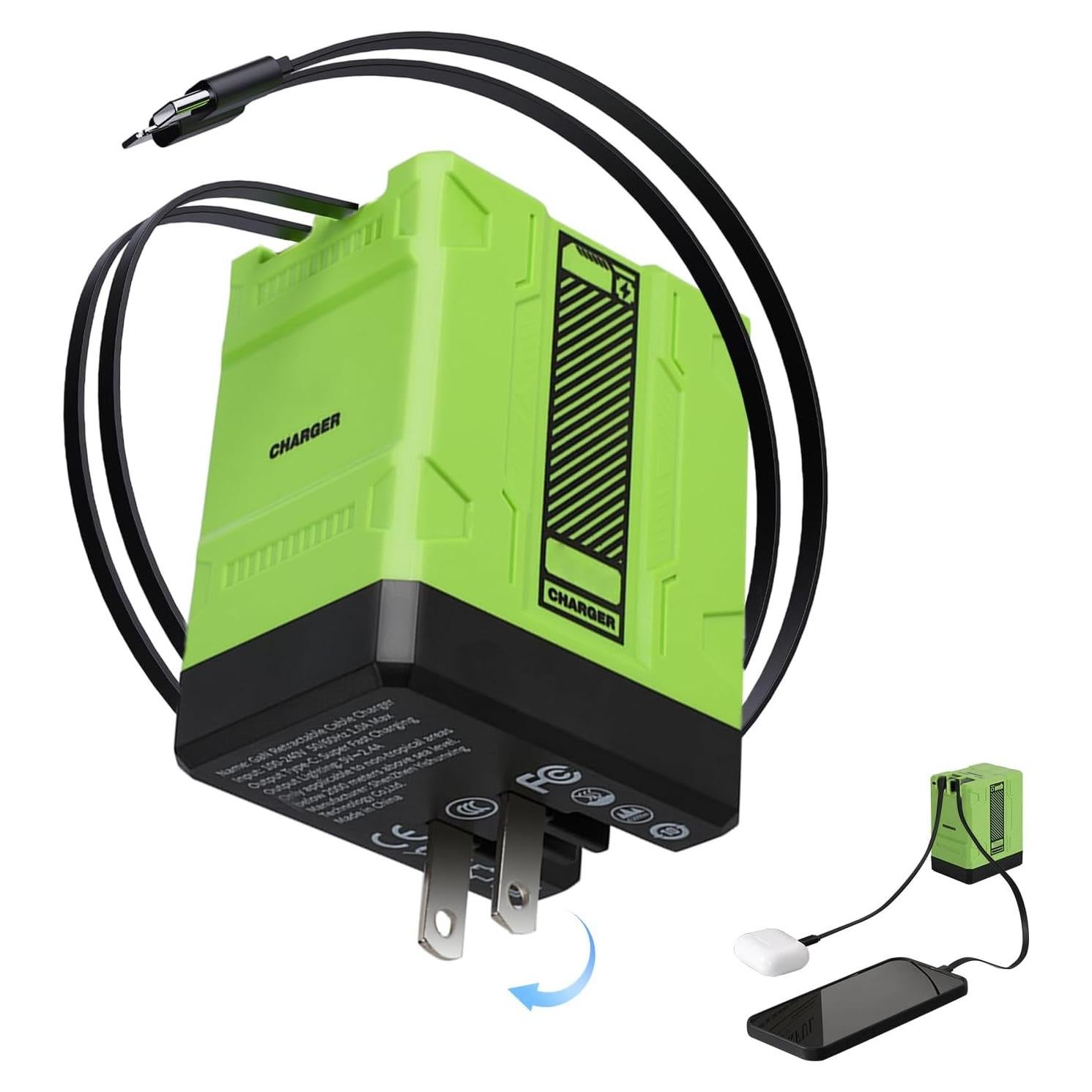 Cargador 2 en 1 GaN W&O 120W con Cables Retráctiles Verde