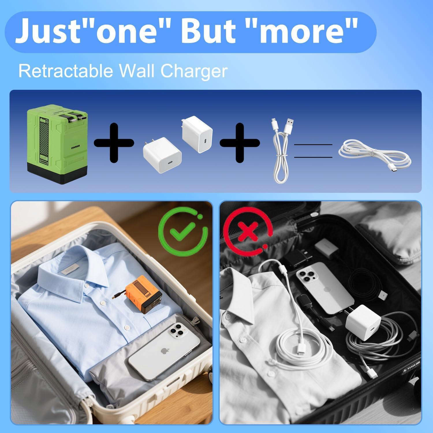 Cargador 2 en 1 GaN W&O 120W con Cables Retráctiles Verde