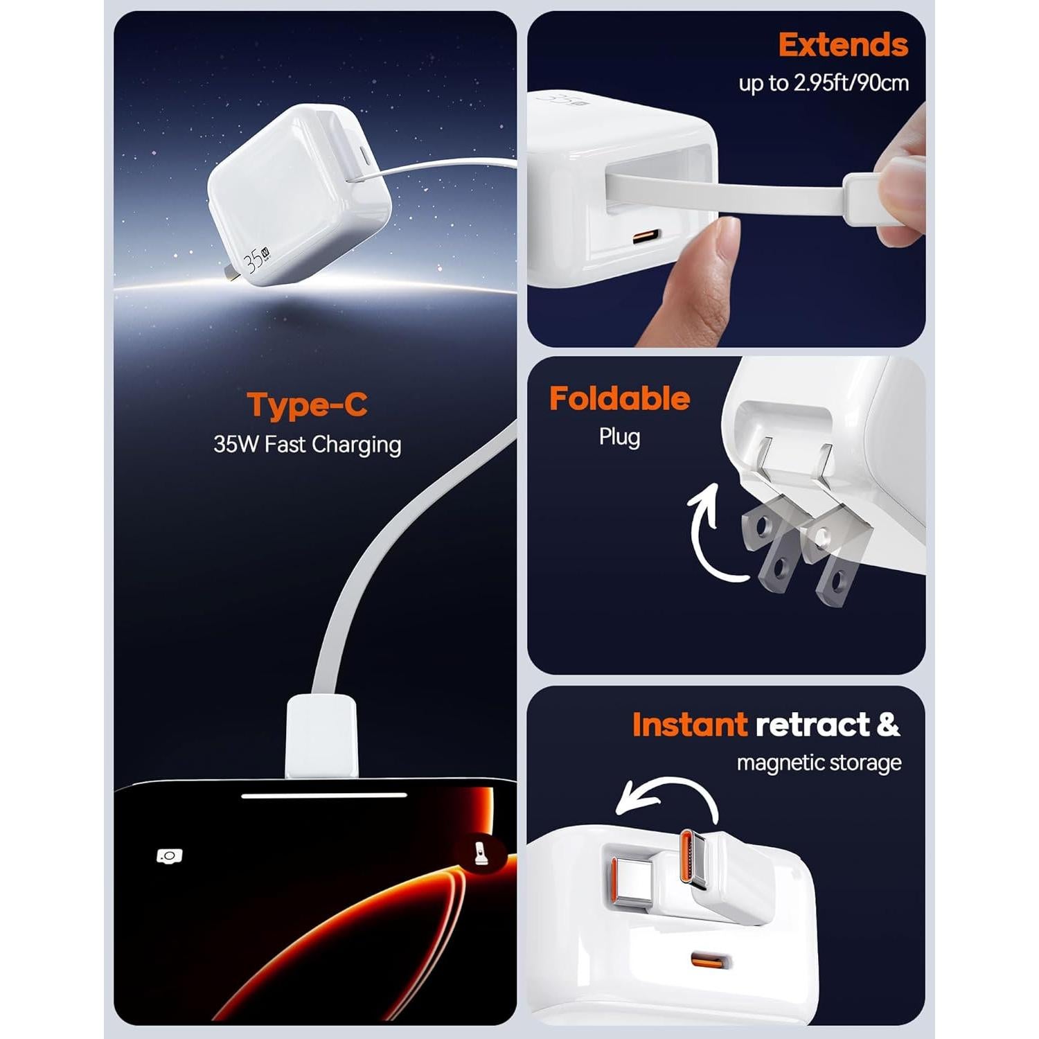 Cargador de pared USB-C 35W Huizhou con cable retráctil