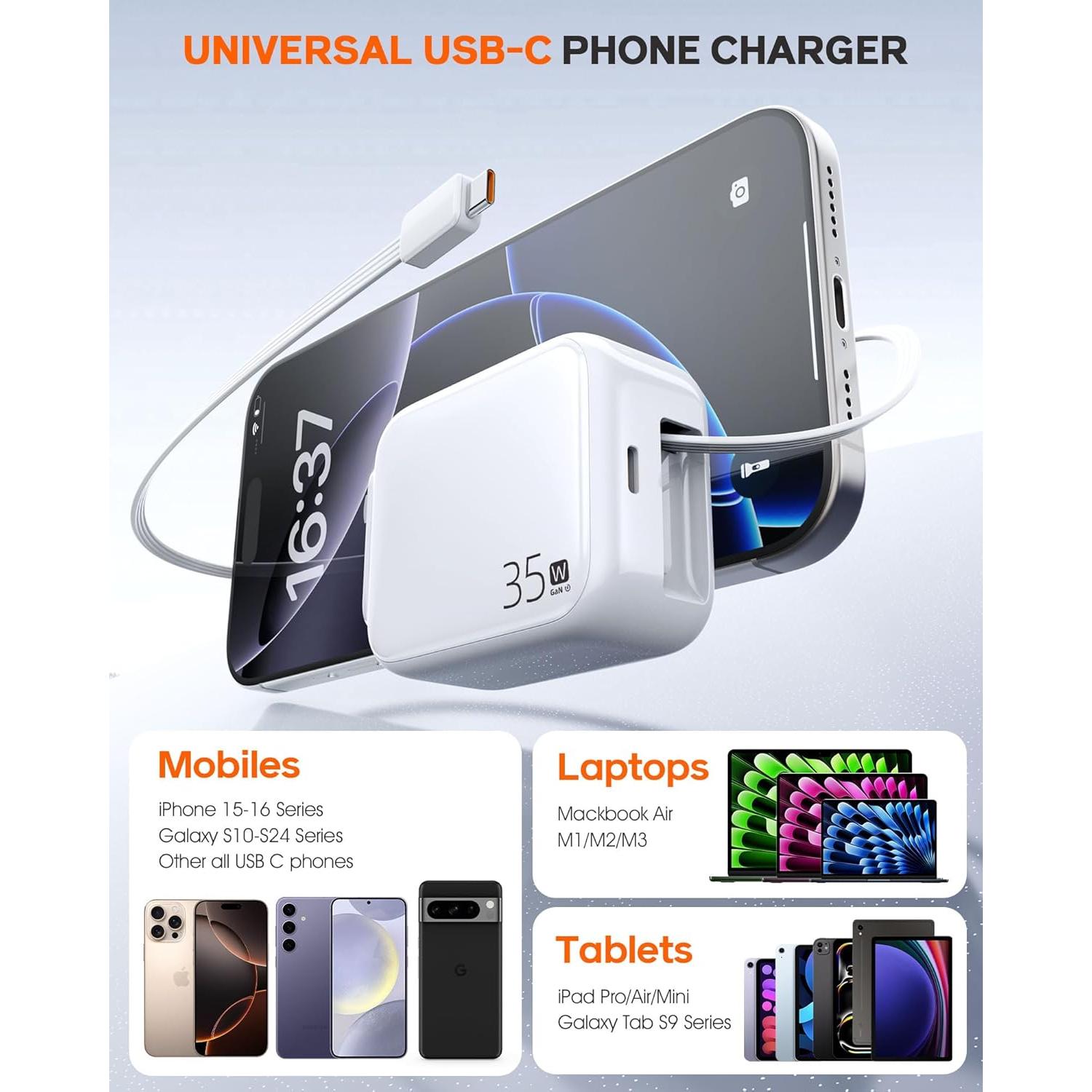 Cargador de pared USB-C 35W Huizhou con cable retráctil