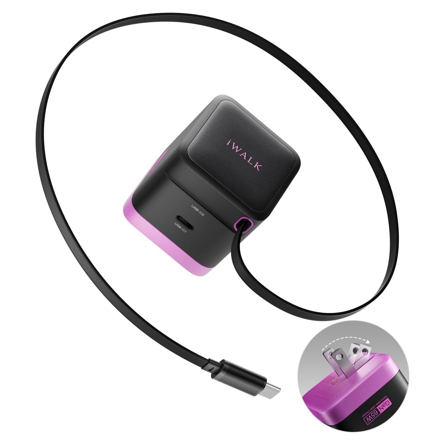 Cargador iWALK 65W GaN con Cable Retráctil USB-C Plegable
