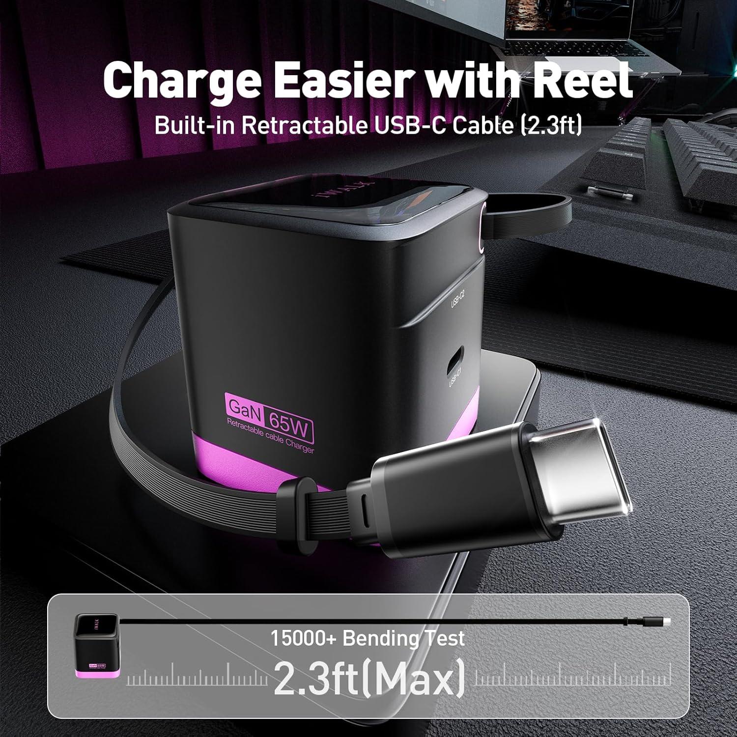 Cargador iWALK 65W GaN con Cable Retráctil USB-C Plegable