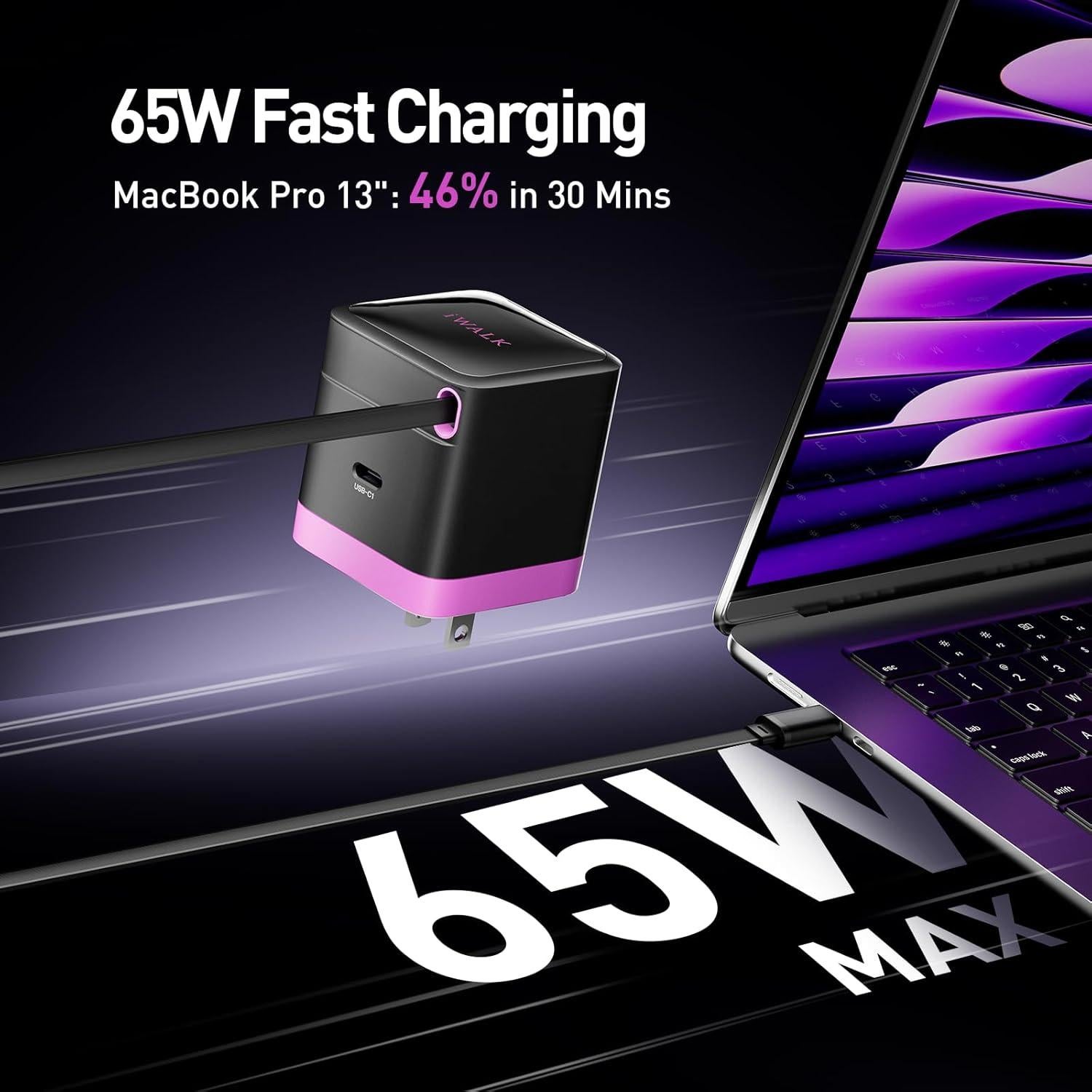 Cargador iWALK 65W GaN con Cable Retráctil USB-C Plegable