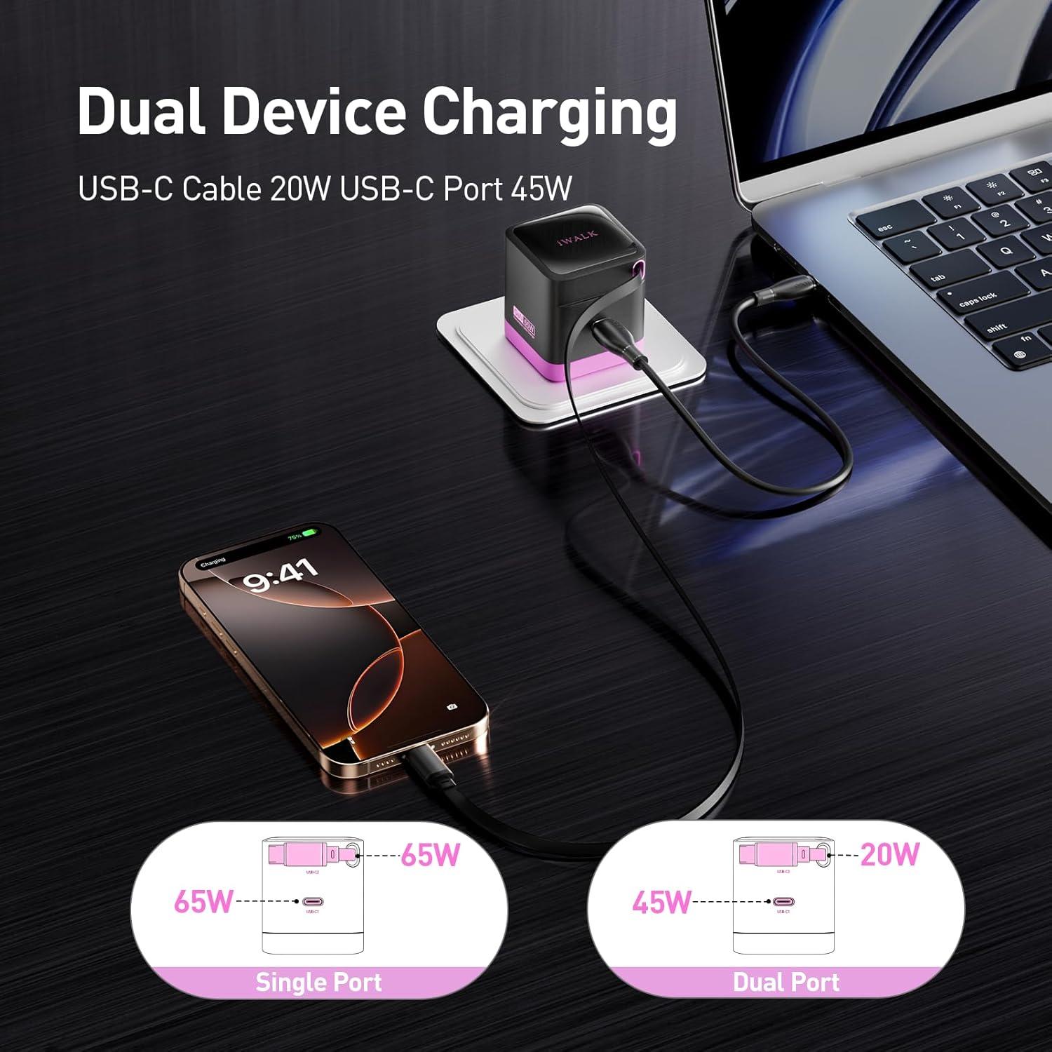 Cargador iWALK 65W GaN con Cable Retráctil USB-C Plegable