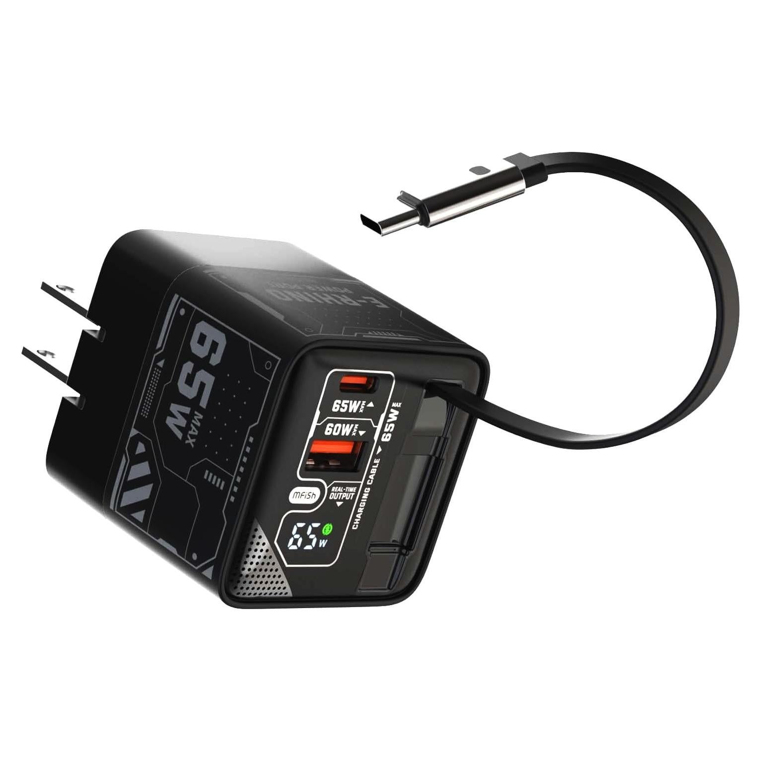 Cargador Rápido GaN 65W MFish USB-C y USB-A con Cable Retráctil