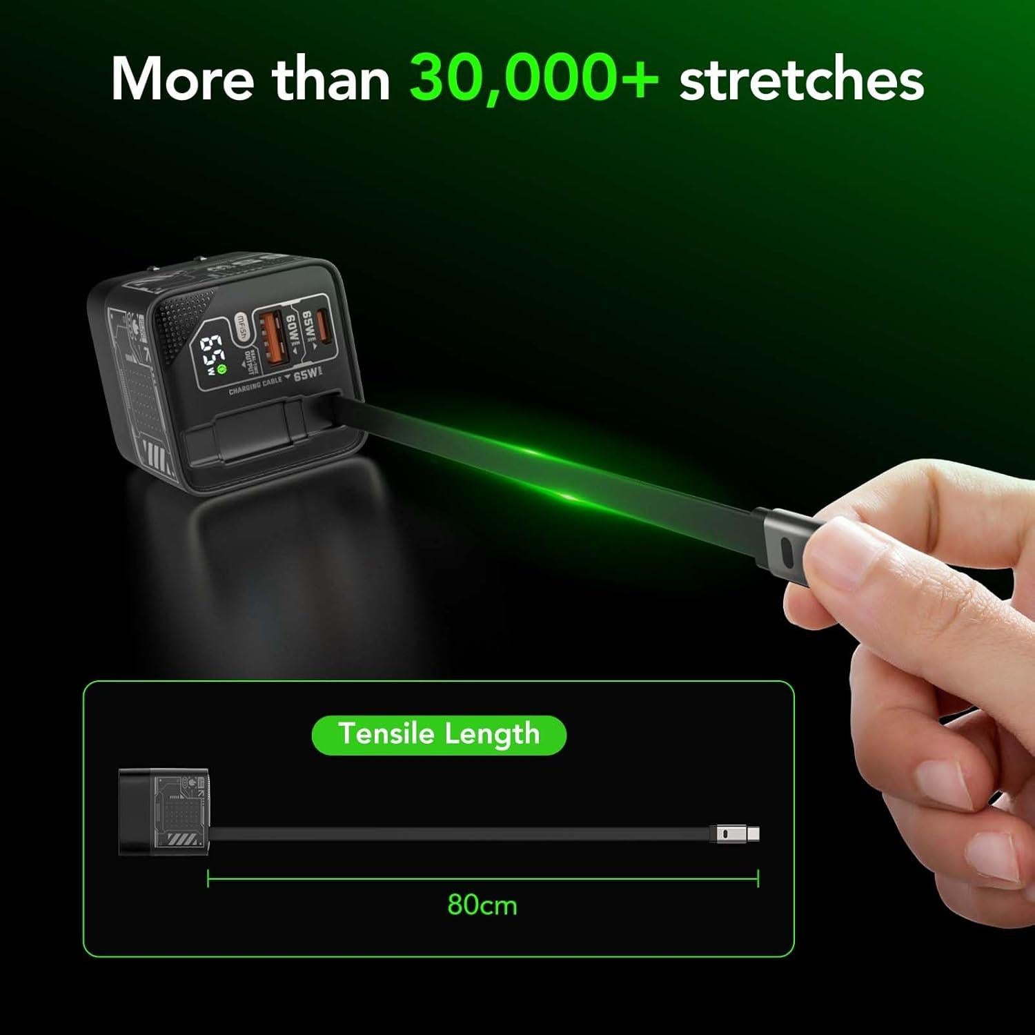 Cargador Rápido GaN 65W MFish USB-C y USB-A con Cable Retráctil