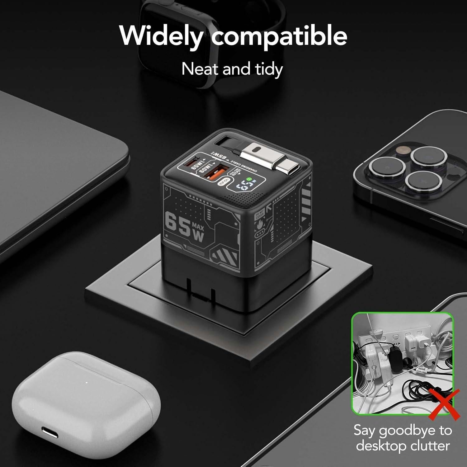 Cargador Rápido GaN 65W MFish USB-C y USB-A con Cable Retráctil