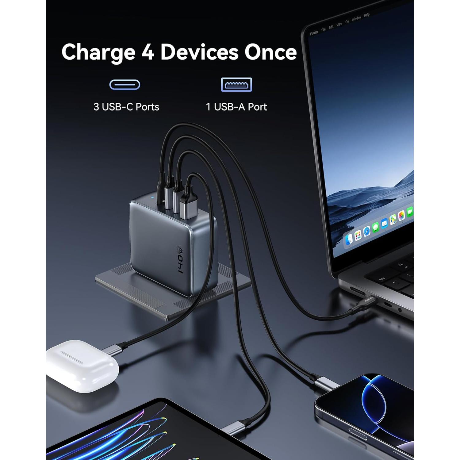 Cargador USB C 140W C-Smartlink, 4 Puertos, Compacto