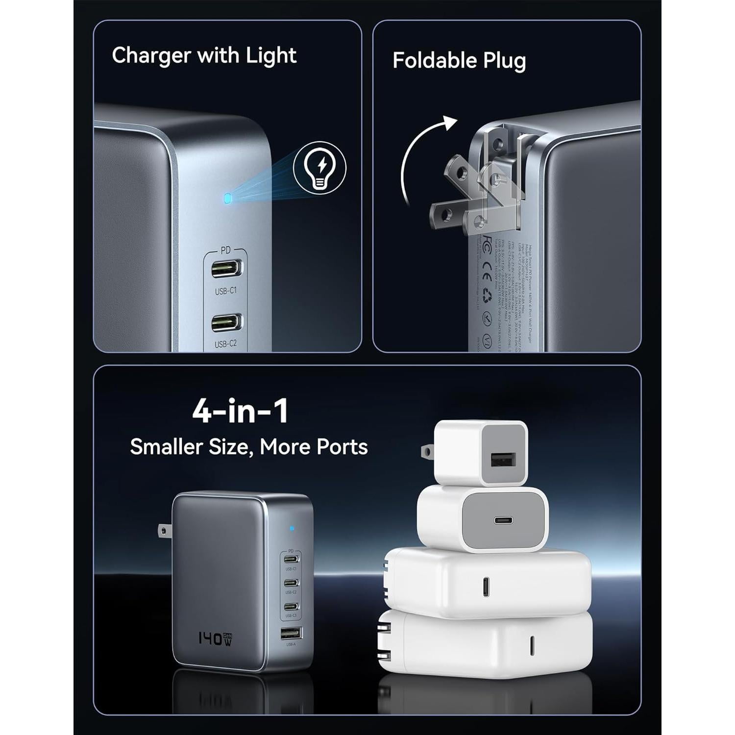 Cargador USB C 140W C-Smartlink, 4 Puertos, Compacto