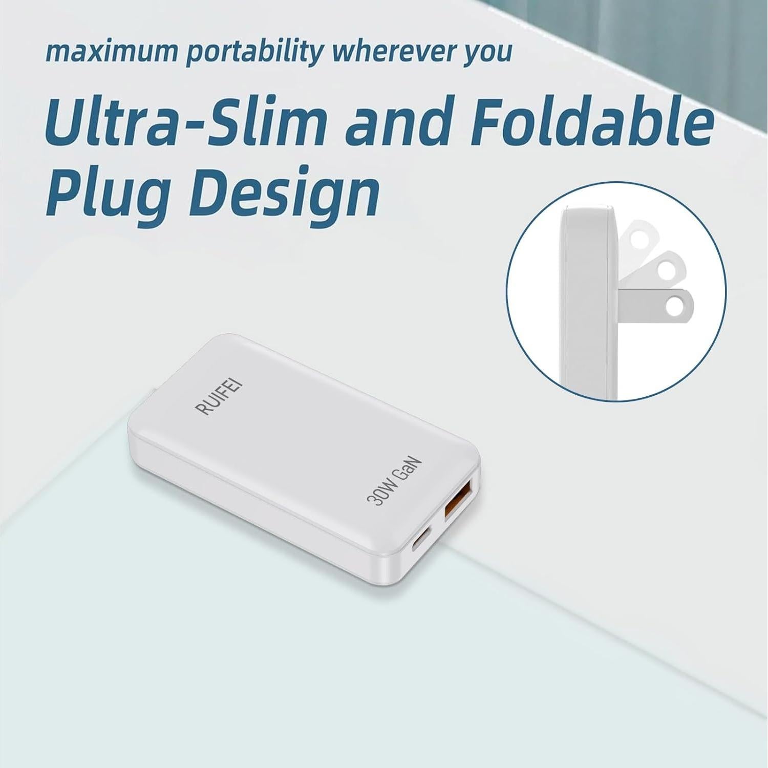 Cargador USB C 30W RUIFEI Doble Puerto Carga Rápida Blanco