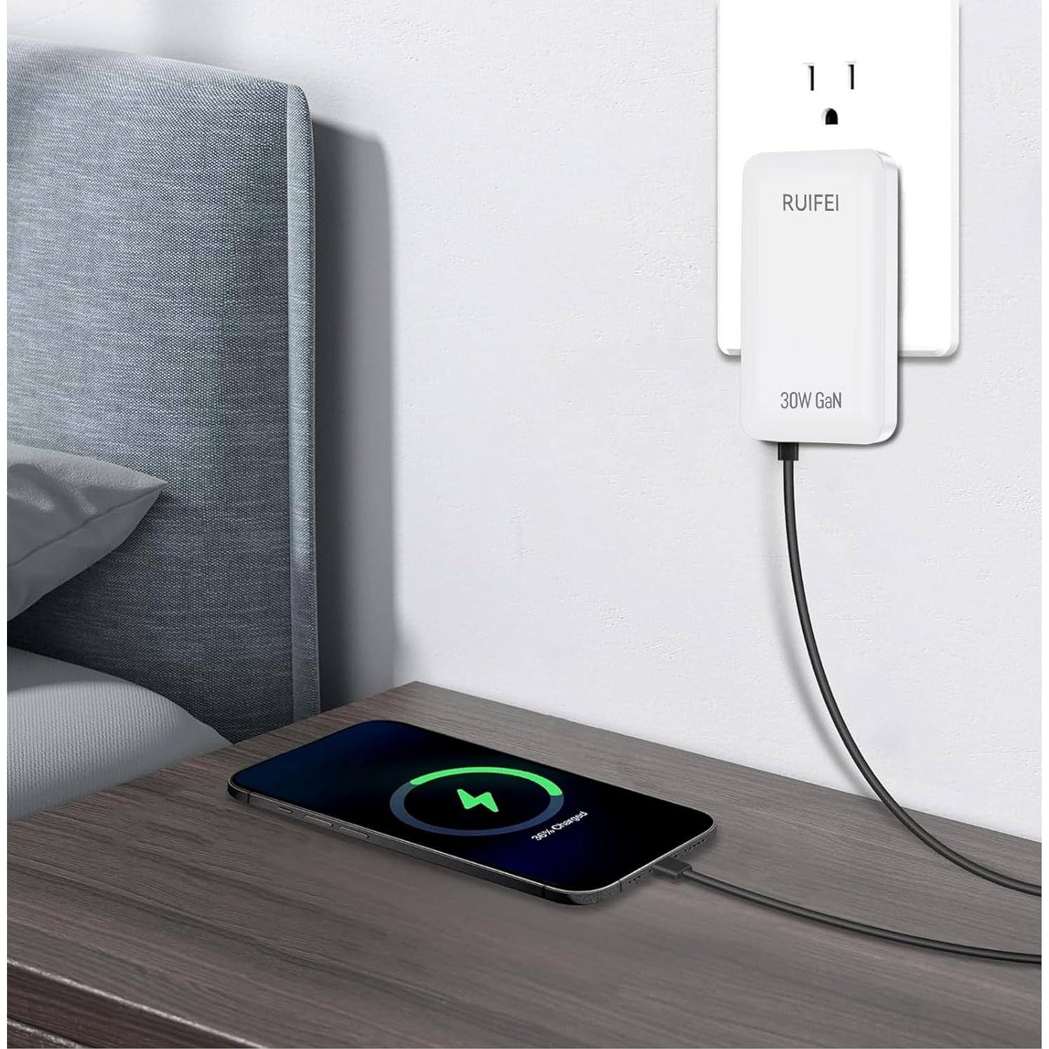 Cargador USB C 30W RUIFEI Doble Puerto Carga Rápida Blanco