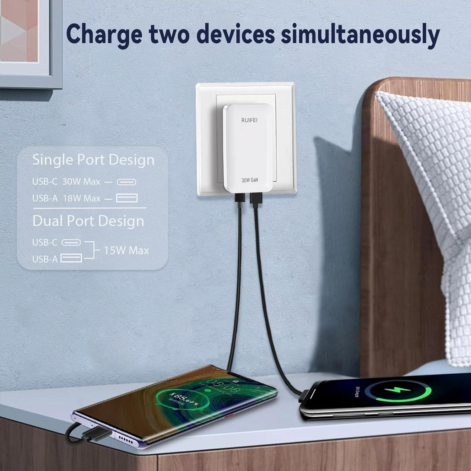 Cargador USB C 30W RUIFEI Doble Puerto Carga Rápida Blanco