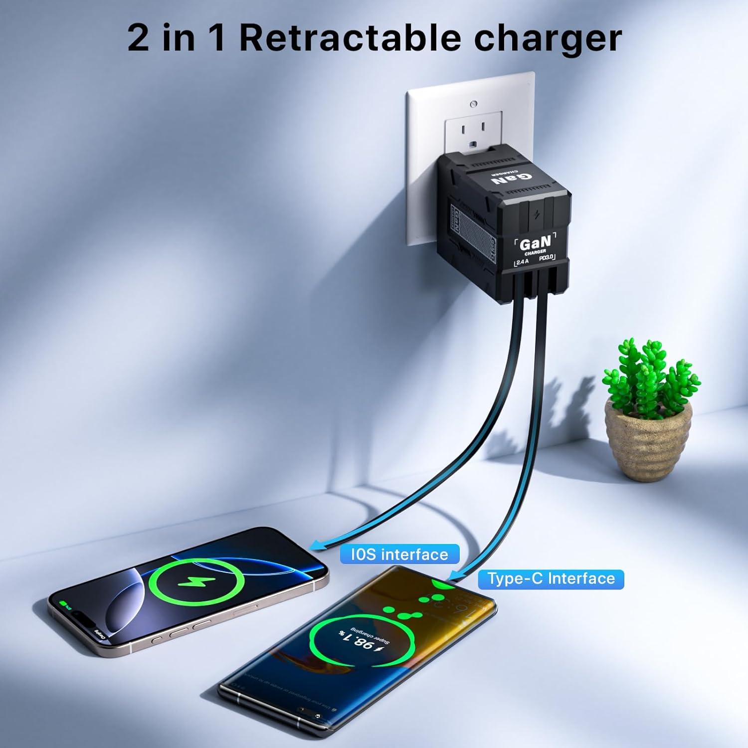 Cargador de Pared Retráctil 2 en 1 35W USB-C iPhone LG Pixel