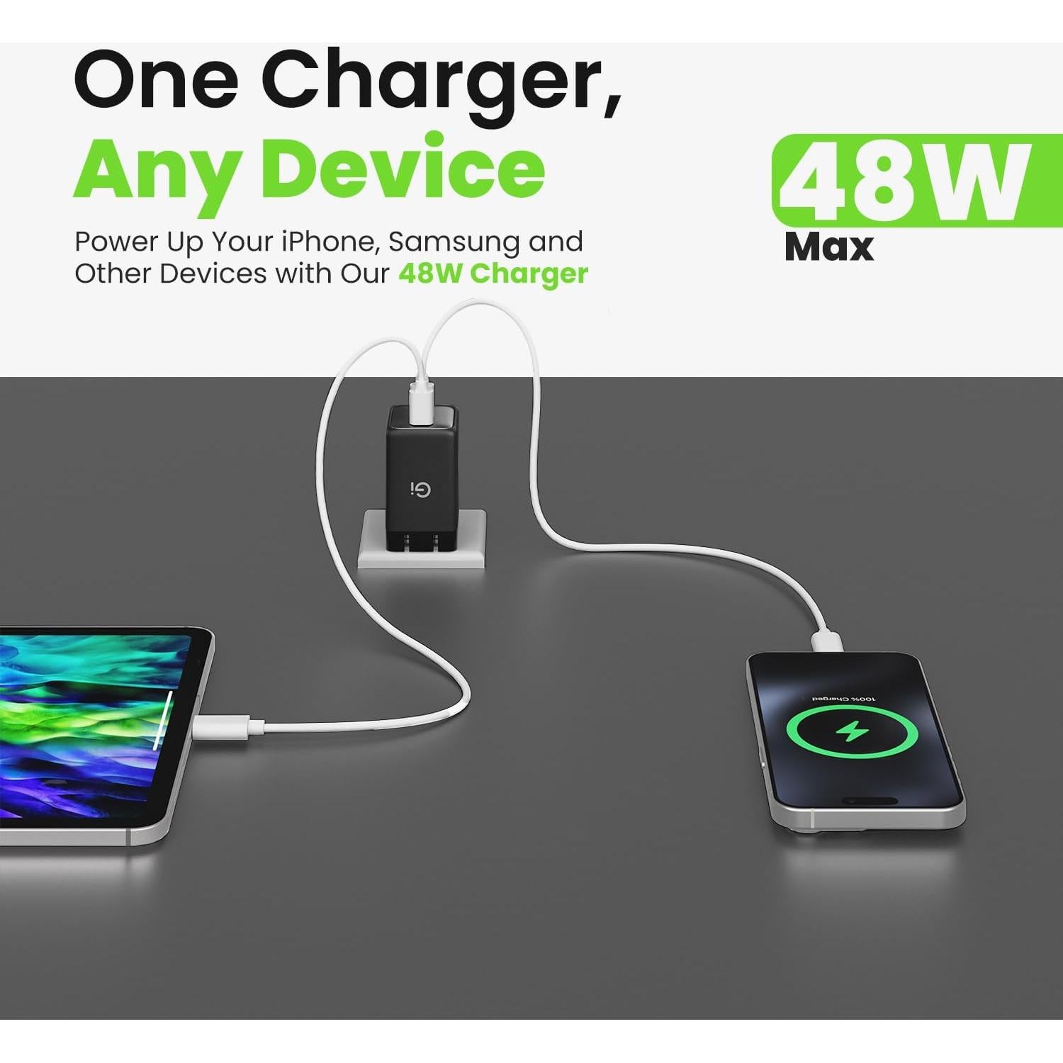 Cargador de Pared USB-C GEARit 48W con GaN y Doble Puerto - Negro